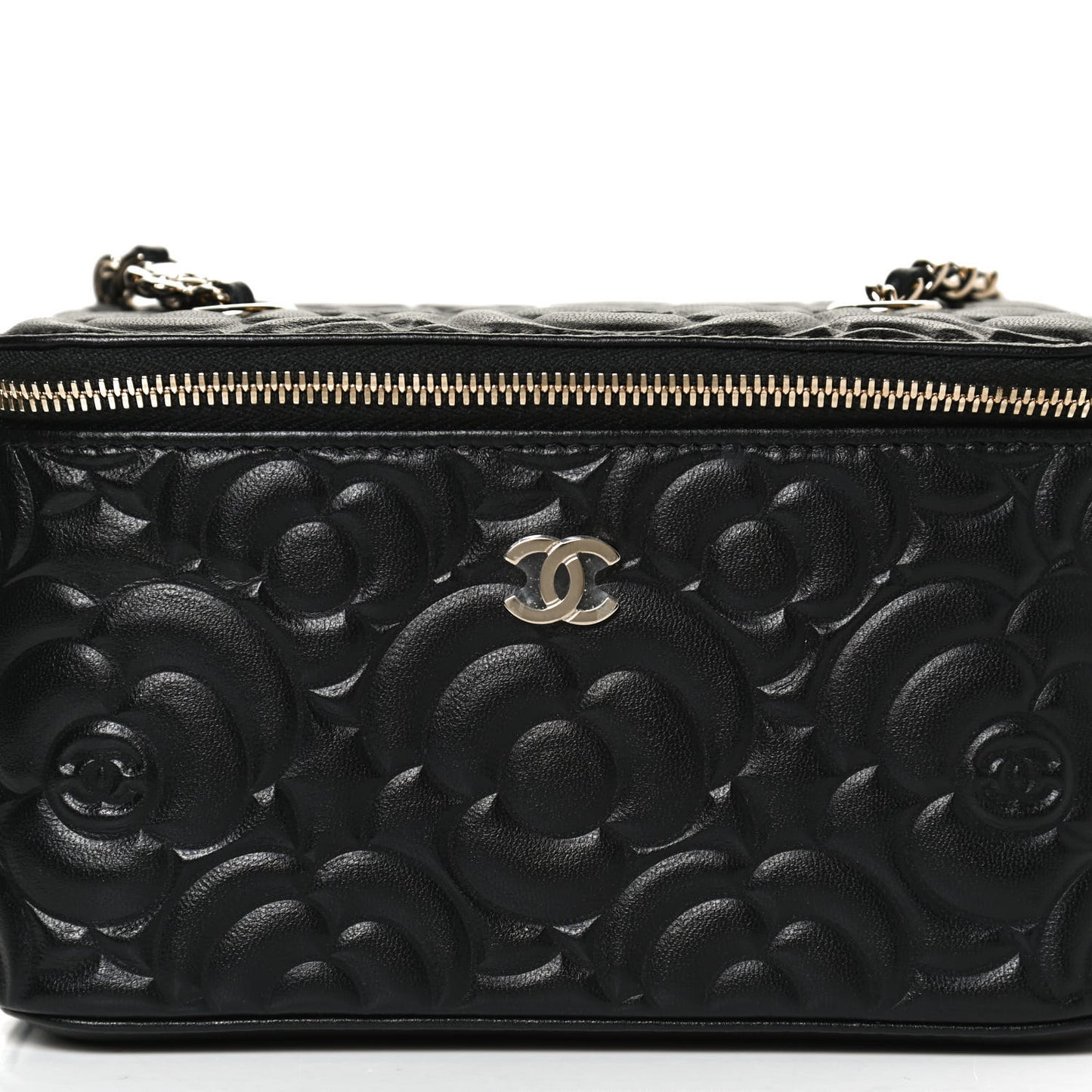 Lambskin Camellia Embossed Small Vanity Case With Chain Black