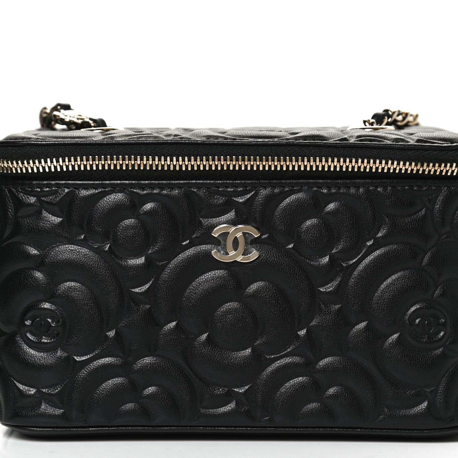 Chanel Lambskin Camellia Embossed Small Vanity Case With Chain Black 12 of 13