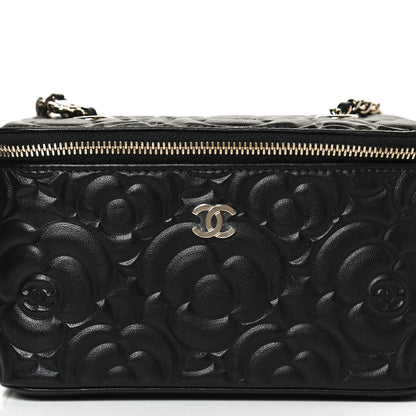 Chanel Lambskin Camellia Embossed Small Vanity Case With Chain Black 12 of 13