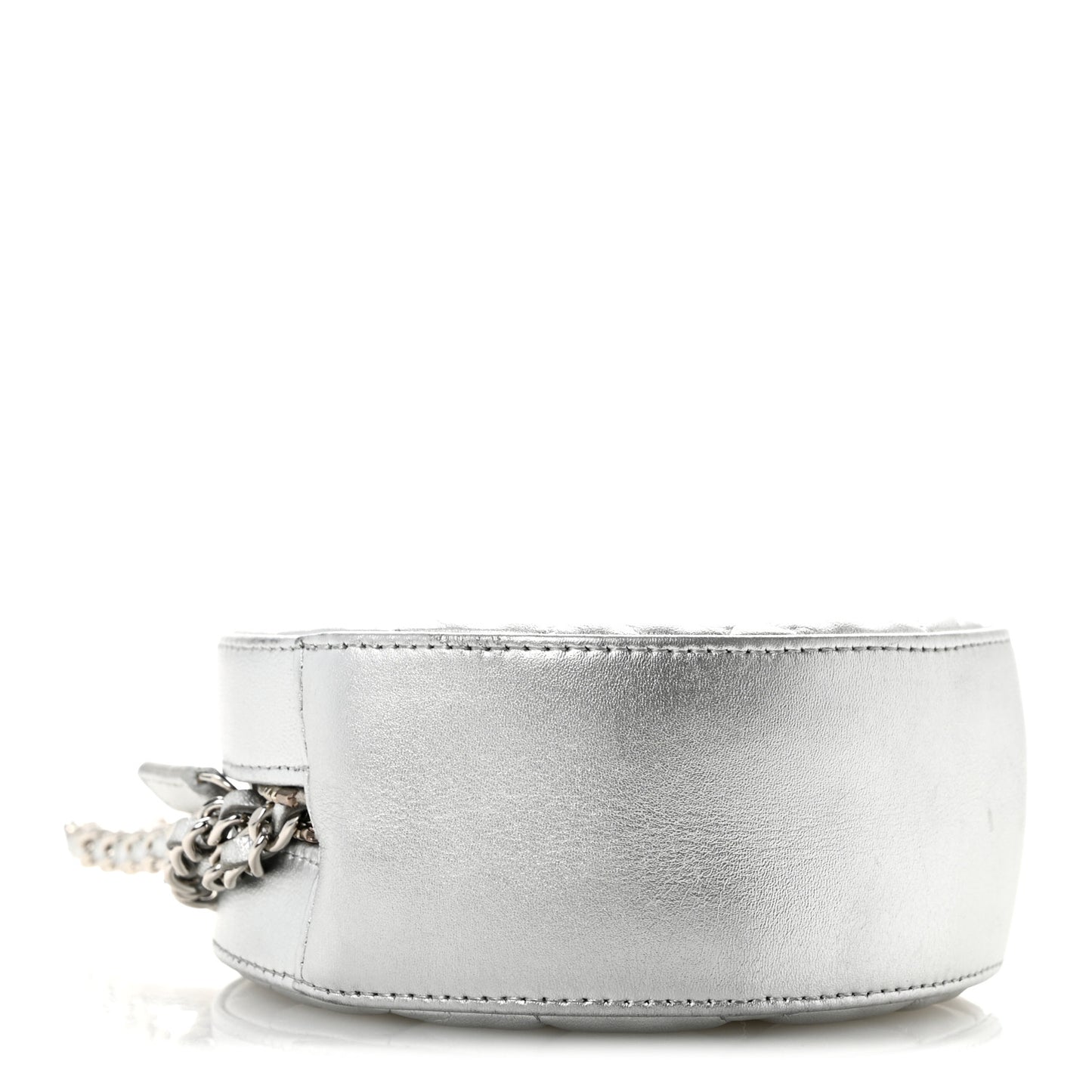 Metallic Calfskin Quilted Round Bracelet Clutch With Chain Silver