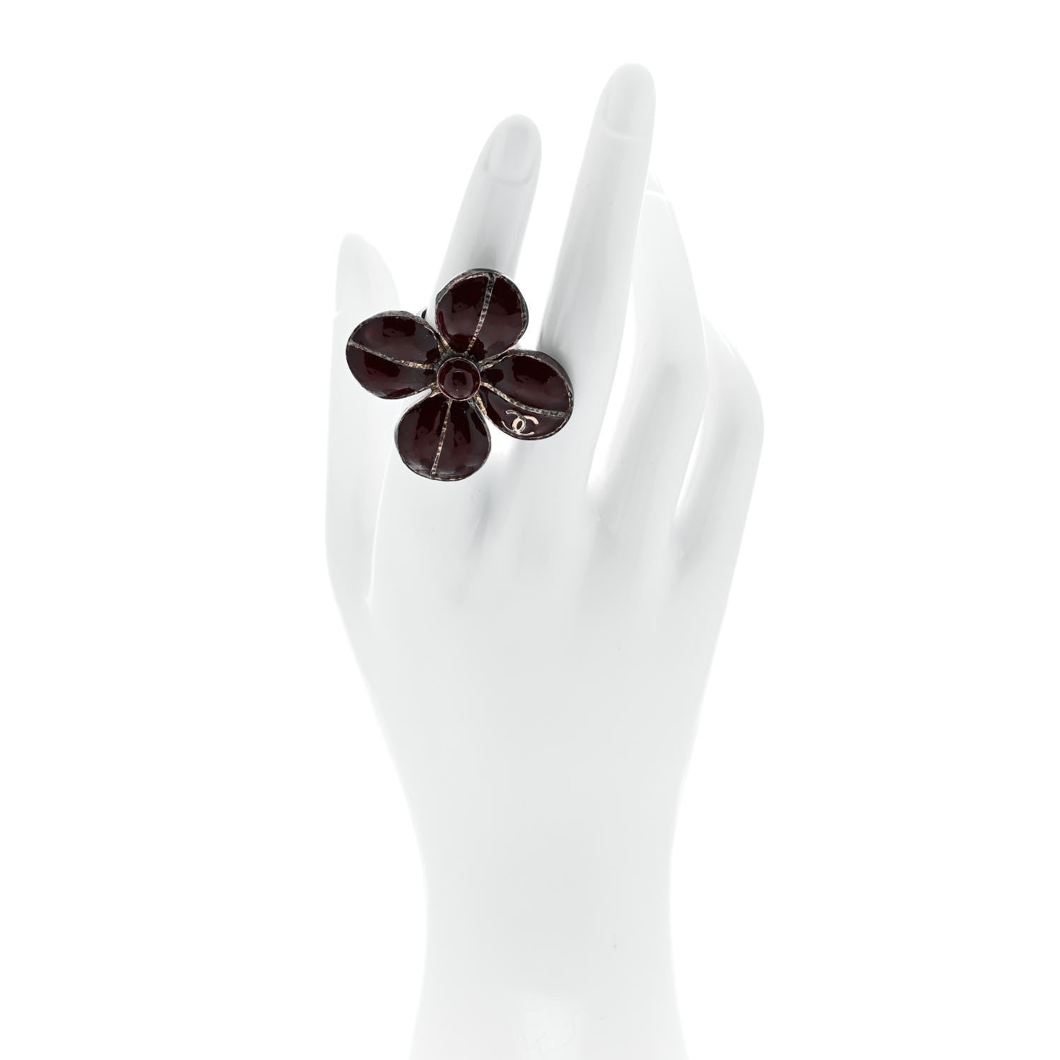 Chanel Enamel CC Flower Ring 52 6 Burgundy Silver 2 of 6