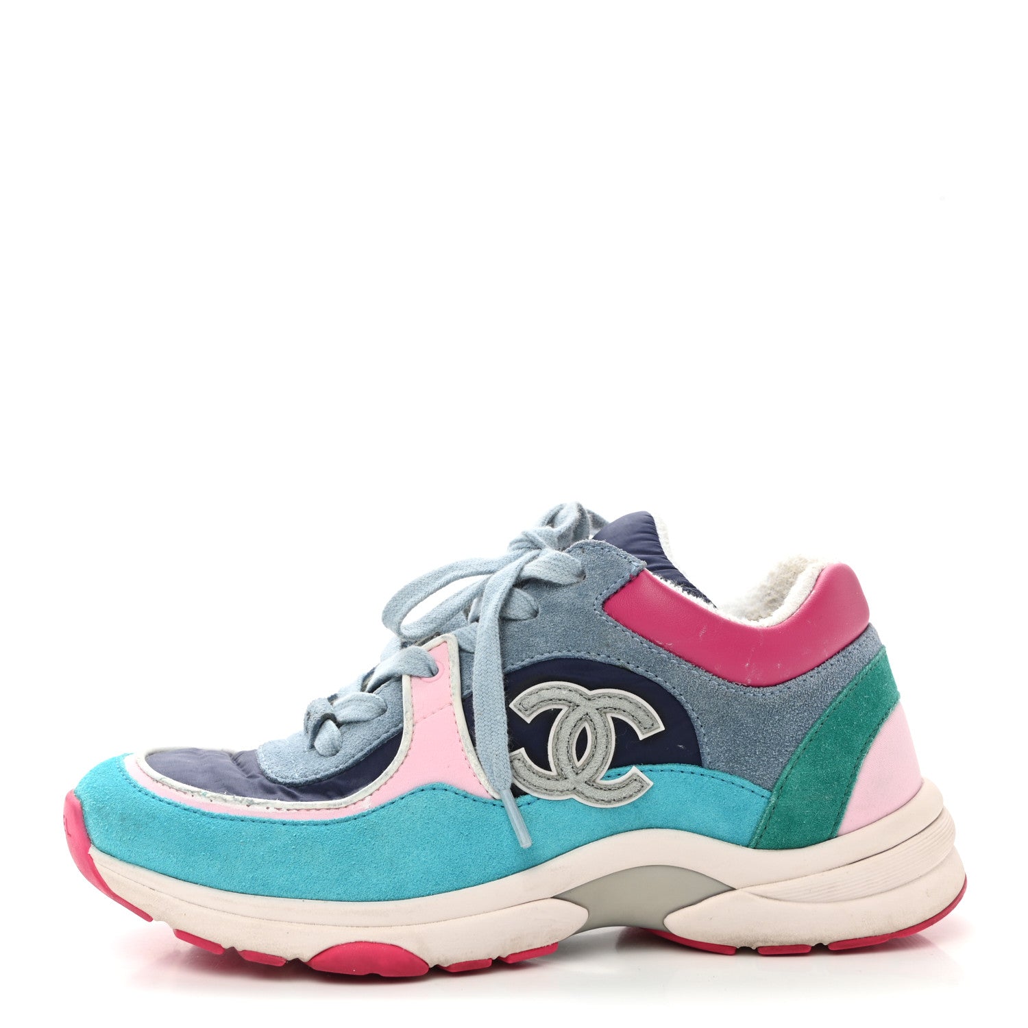 Chanel Nylon Calfskin Suede Womens CC Sneakers 37 Blue Pink 1 of 8