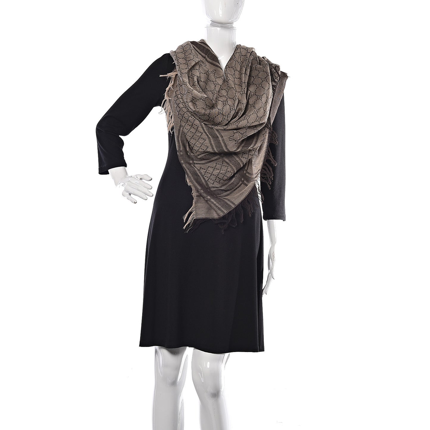 Wool Silk Monogram Fringe Shawl Beige Dark Brown