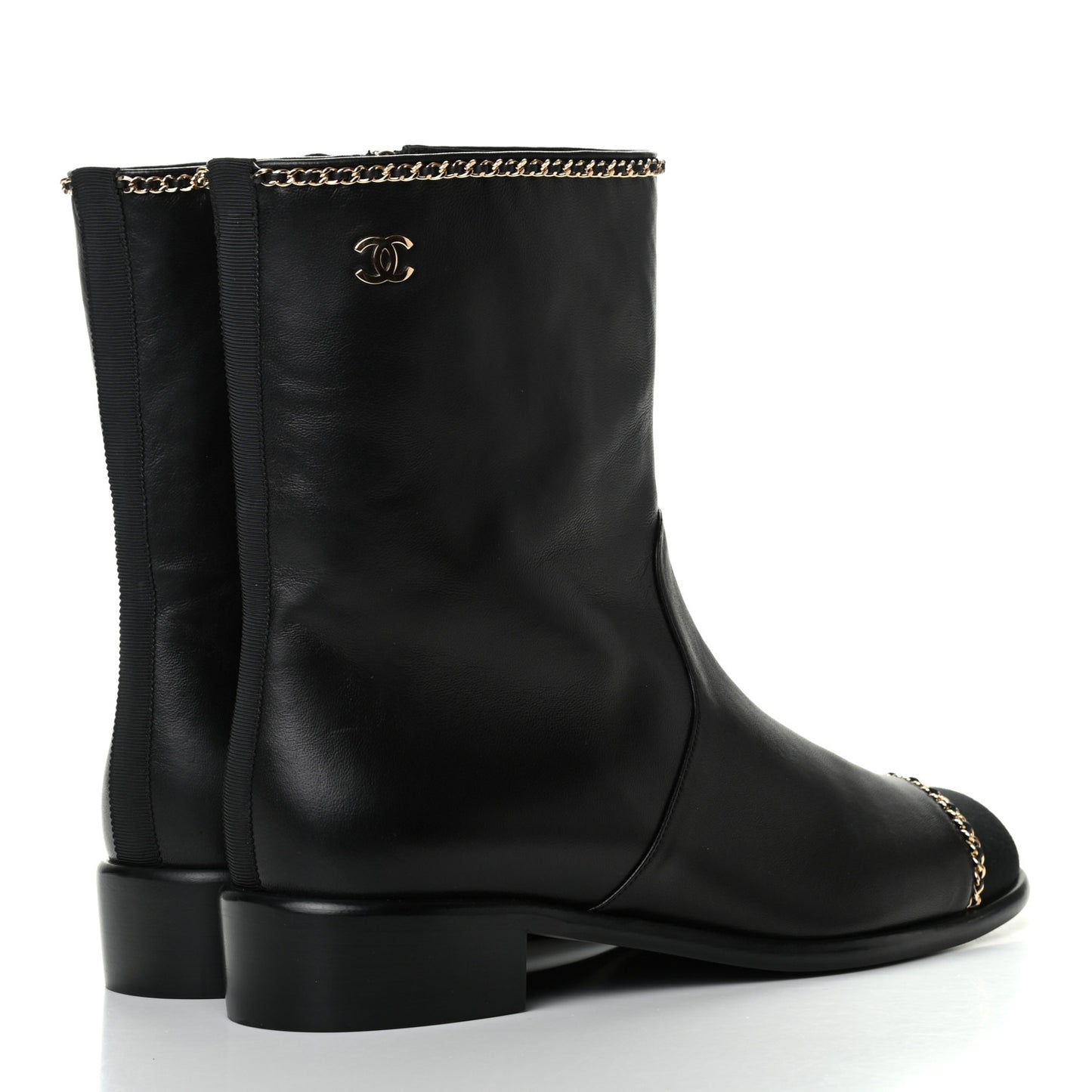 Lambskin Grosgrain Cap Toe Chain Short Boots 39.5 Black