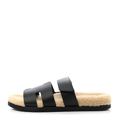 Hermes Veau Indios Woolskin Mens Chypre Sandals 41 Black Ecru 1 of 4