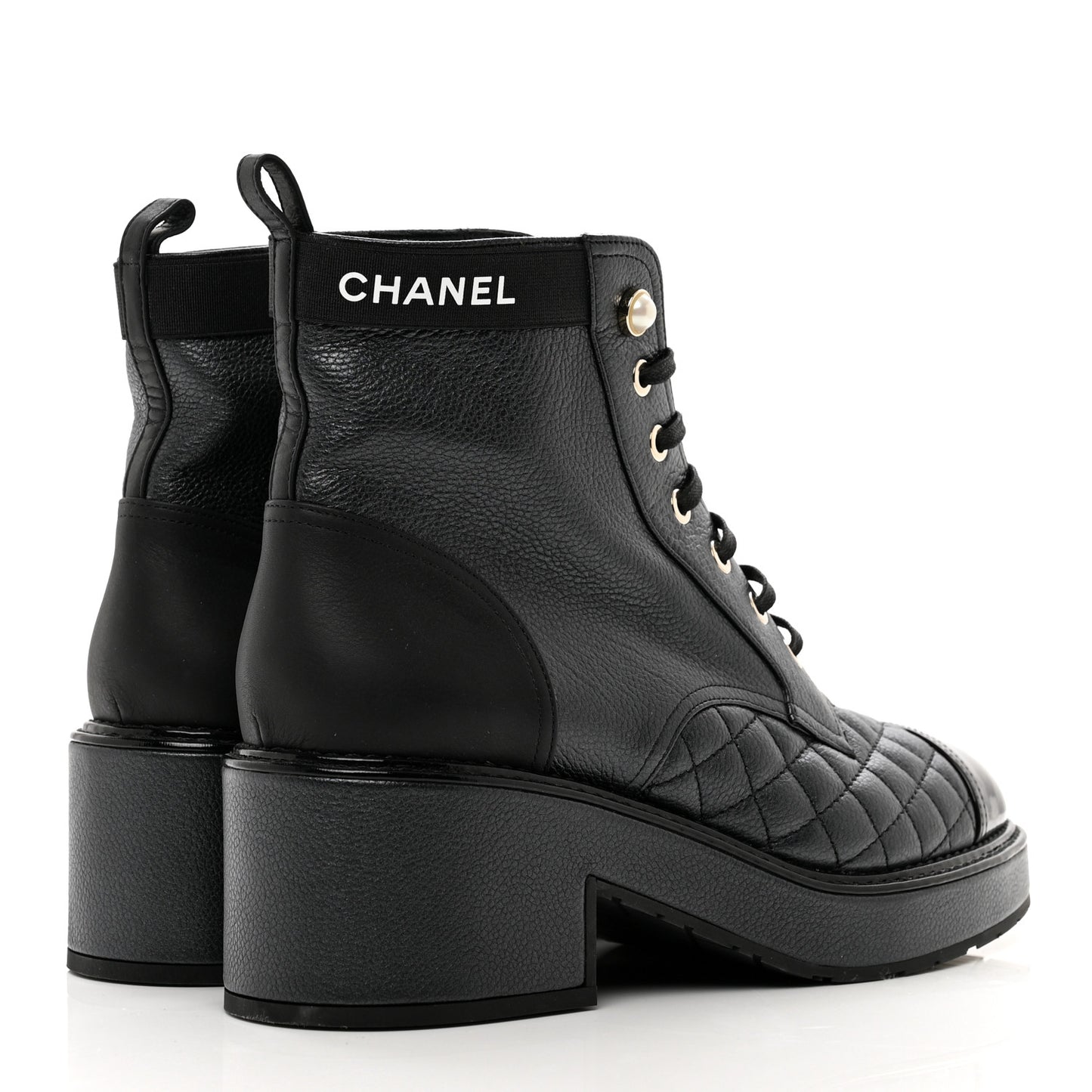 Pearly Calfskin Patent Calfskin Lace Up Combat Boots 38.5 Black