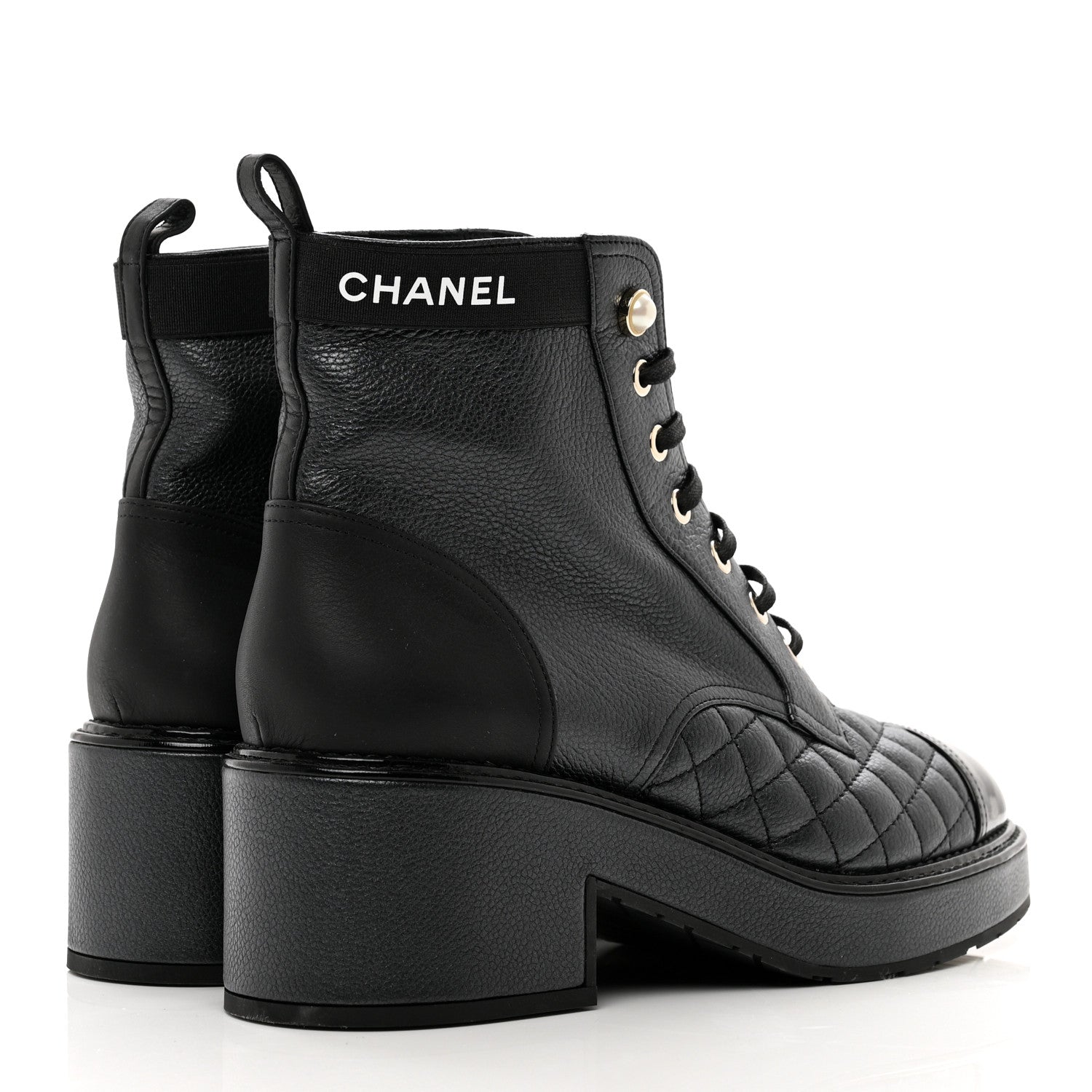 Chanel Pearly Calfskin Patent Calfskin Lace Up Combat Boots 38.5 Black 4 of 8