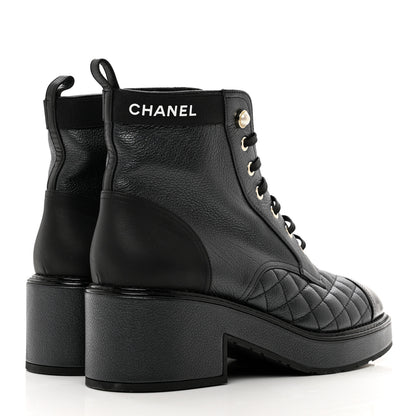 Chanel Pearly Calfskin Patent Calfskin Lace Up Combat Boots 38.5 Black 4 of 8