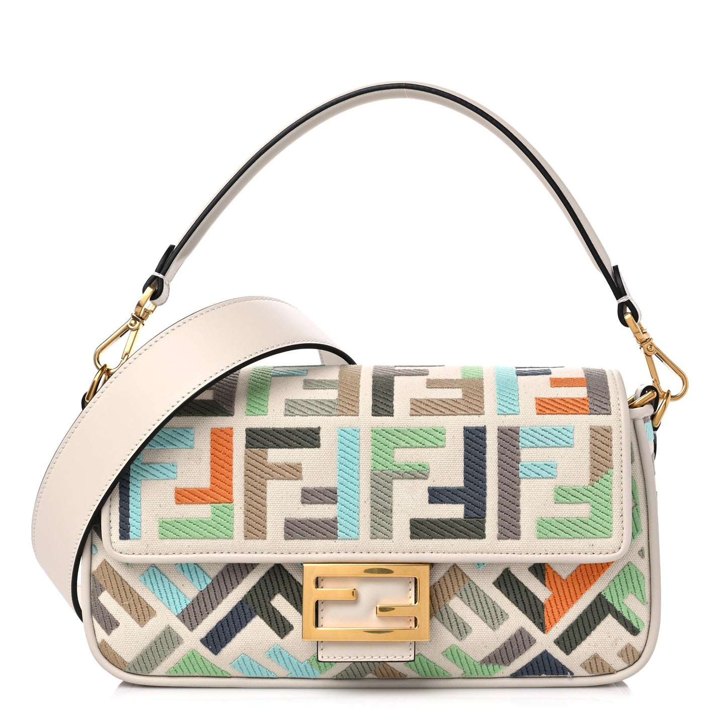 Canvas Vitello Seta FF Multicolor Embroidered Baguette Grezzo Multicolor Latte