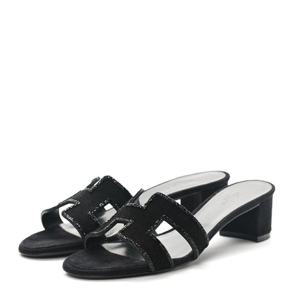 Hermes Suede Goatskin Rhinestone Oasis Sandals 37.5 Black 3 of 9