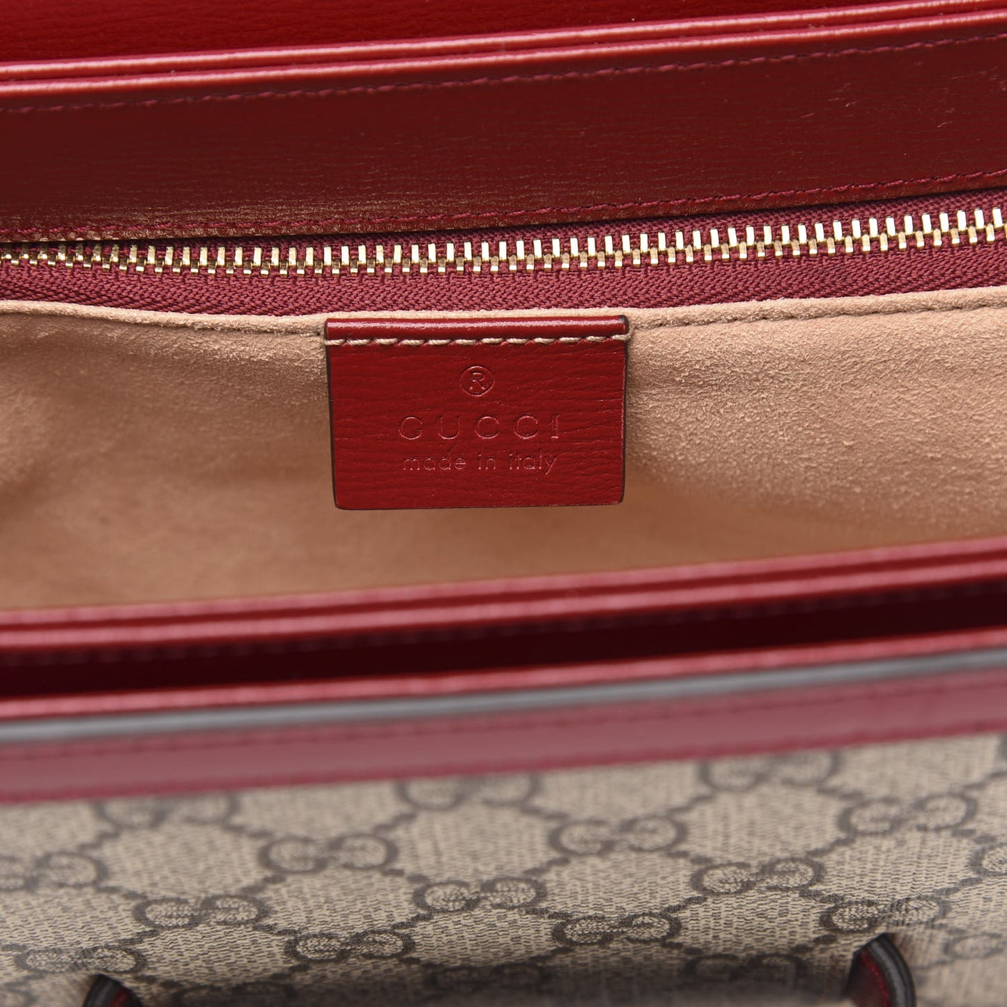 GG Supreme Monogram Azalea Calfskin Horsebit 1955 Shoulder Bag Beige Ebony New Cherry Red