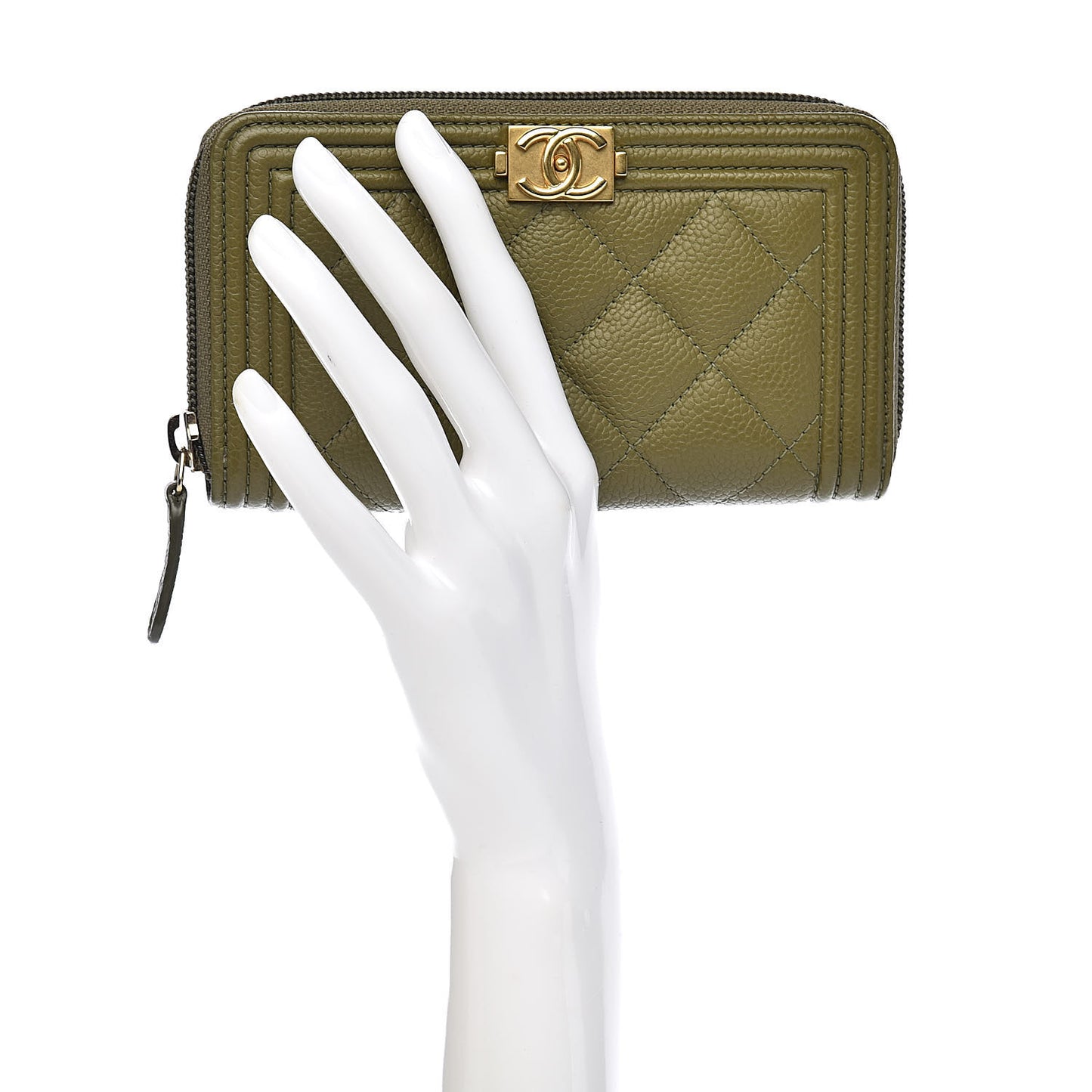 Caviar Quilted Boy Small Zip Around Wallet Khaki