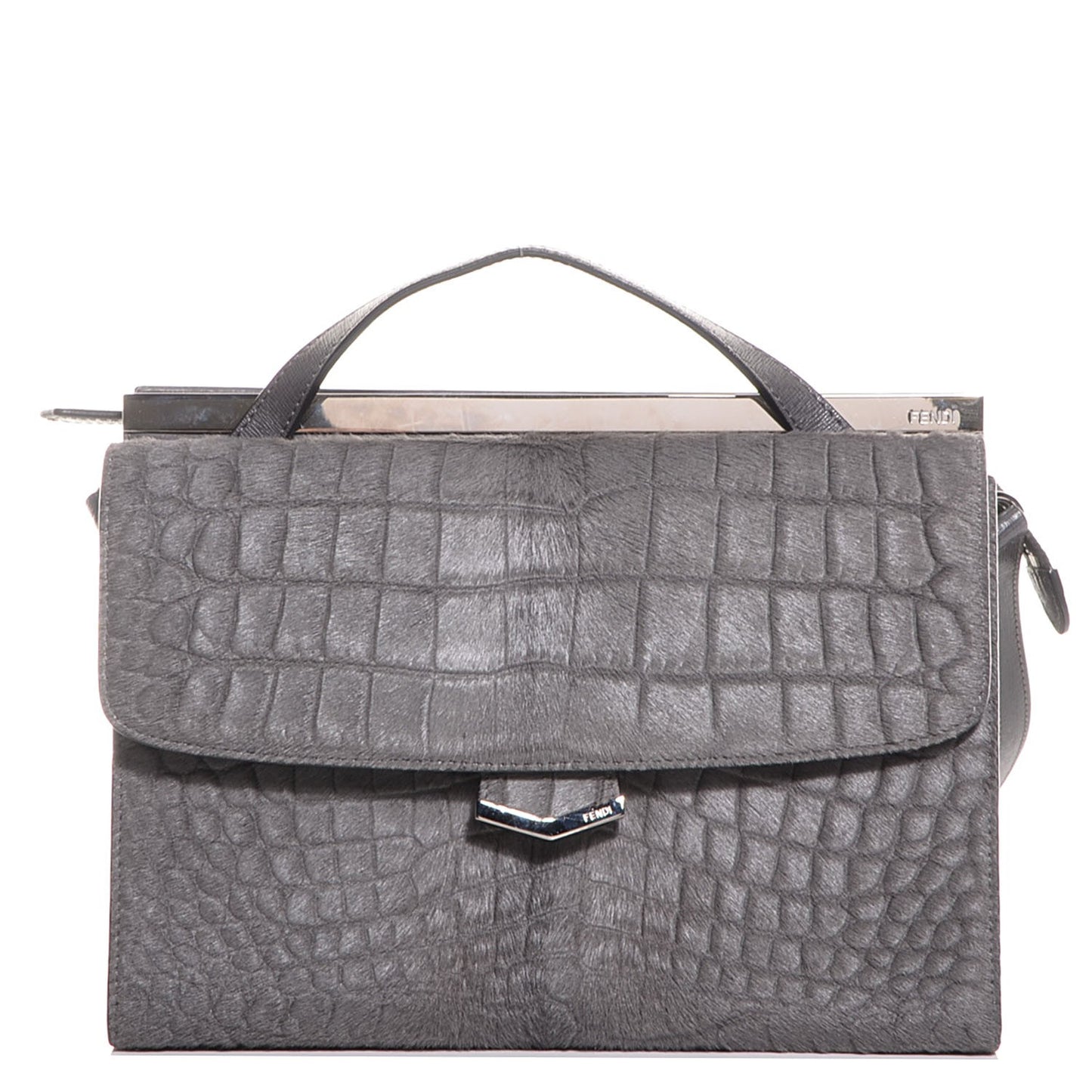 Calf Hair Crocodile Printed Demi Jour Shoulder Bag Grey