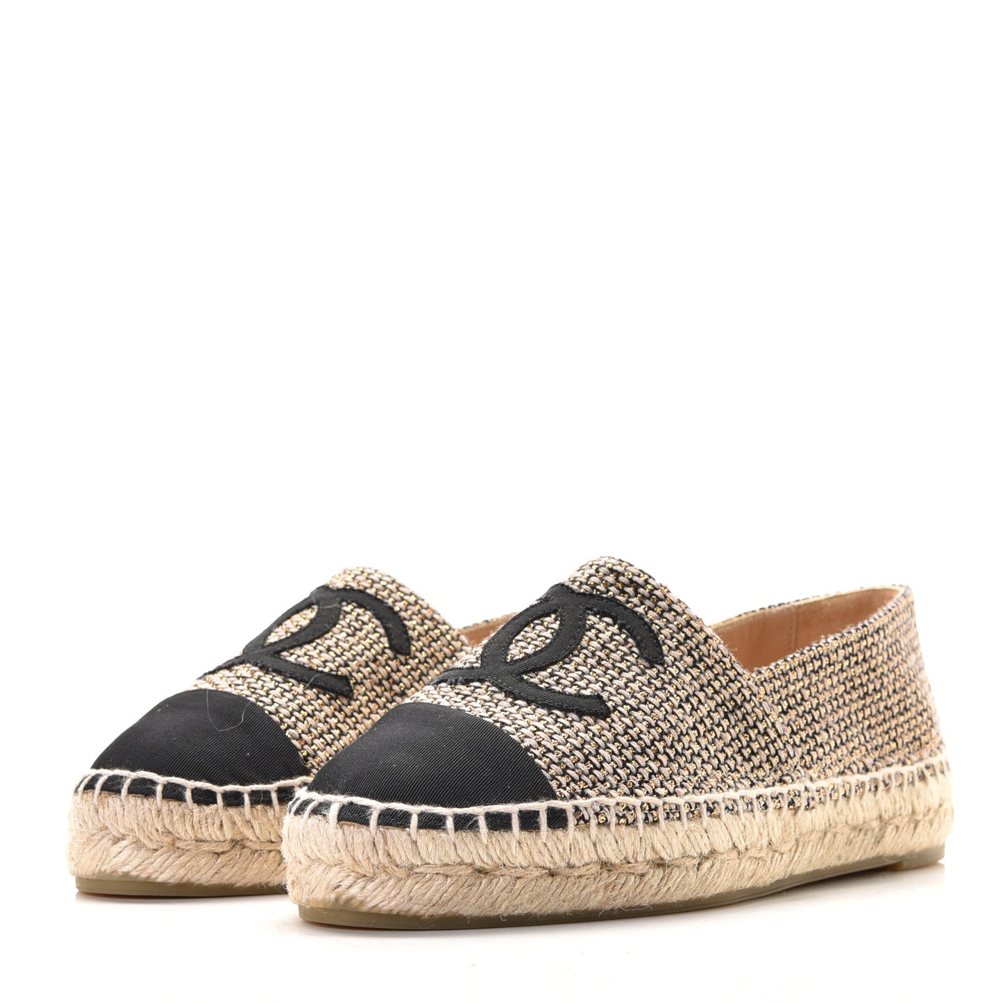 Tweed Grosgrain CC Espadrilles 36 Gold Beige Black