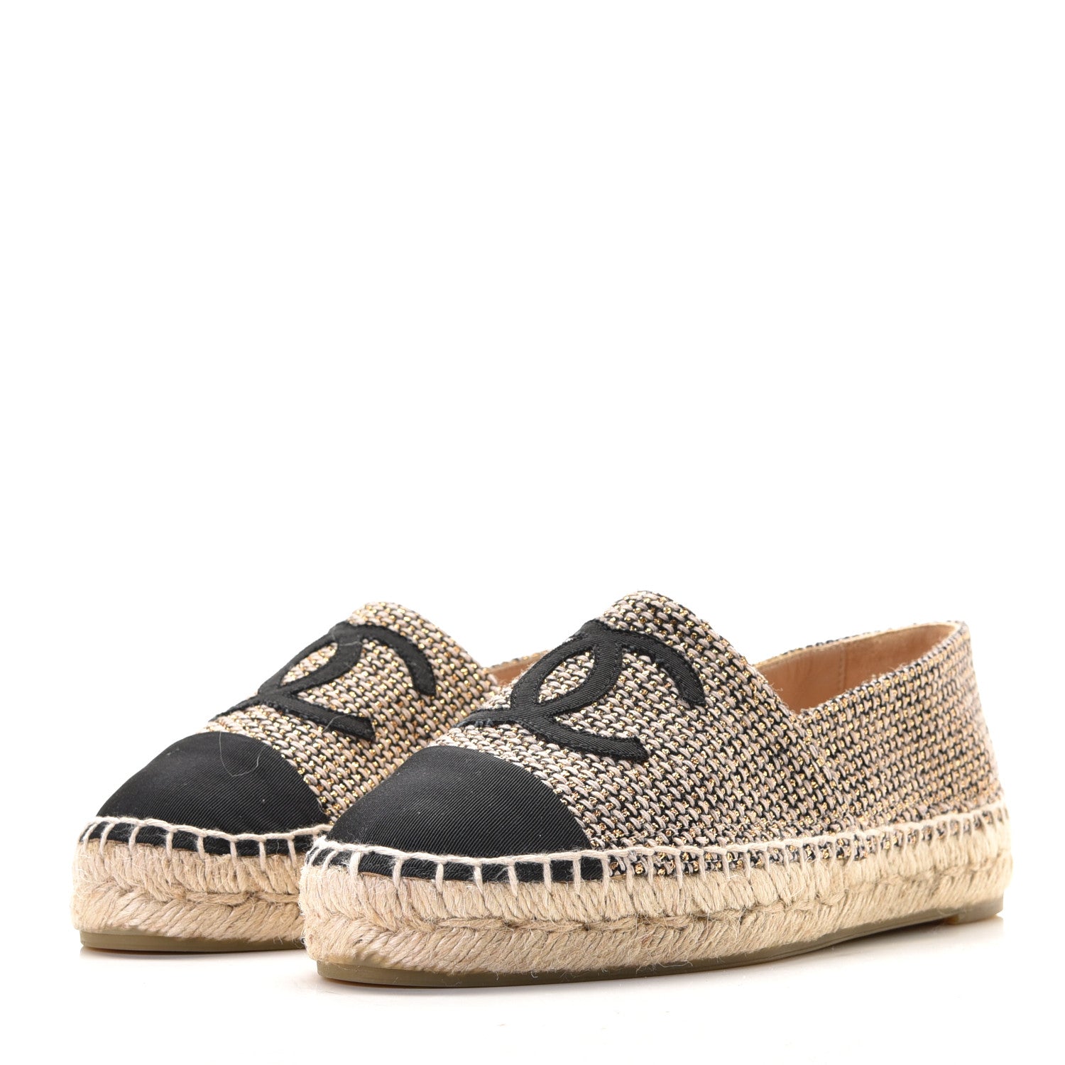 Chanel Tweed Grosgrain CC Espadrilles 36 Gold Beige Black 2 of 12