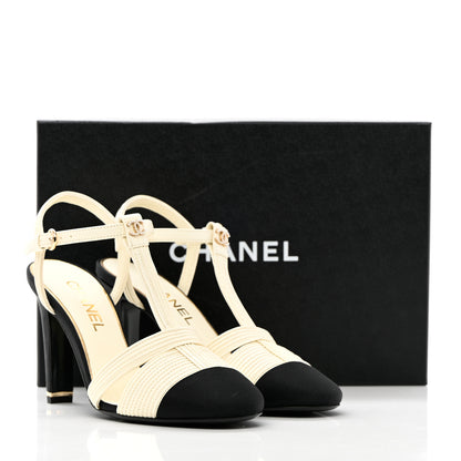 Chanel Lambskin Grosgrain Pearl CC Cap Toe Slingback Sandals 38 Ivory Black 11 of 11