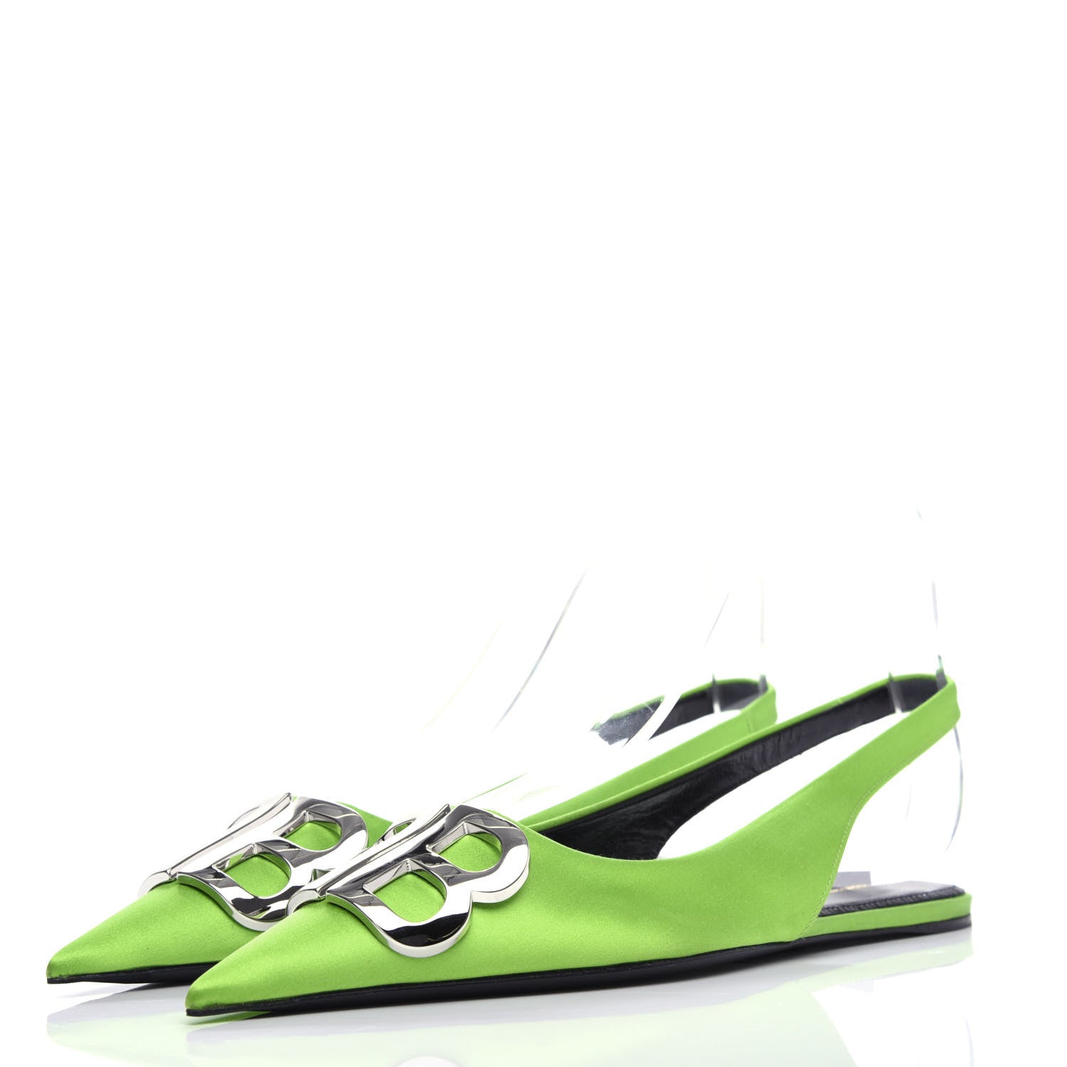 Balenciaga Satin BB Knife Pointy Toe Slingback Flats 36 Neon Green 3 of 10