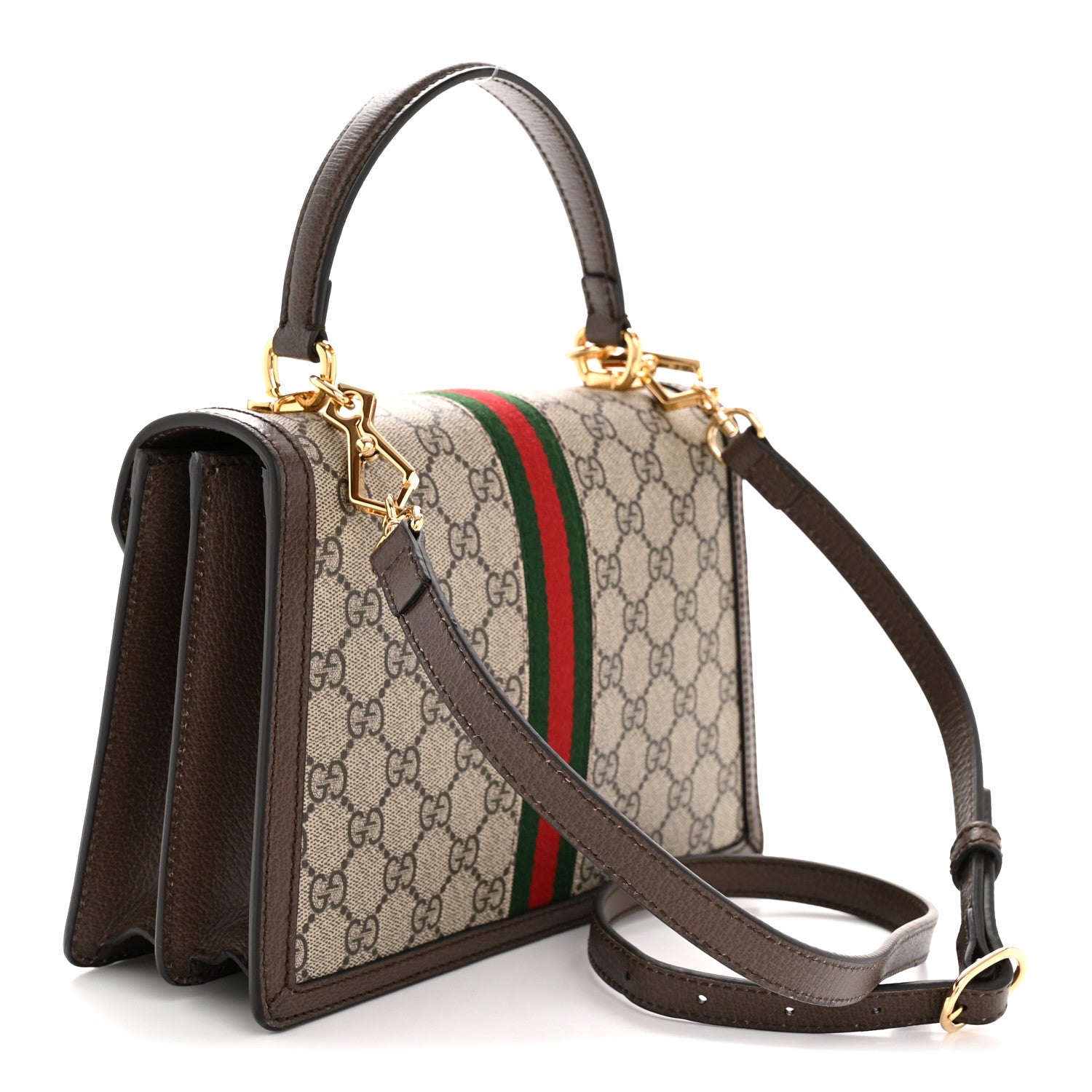 Gucci GG Supreme Monogram Textured Dollar Calfskin Web Small Ophidia Padlock Top Handle Bag Beige Ebony New Acero 3 of 10
