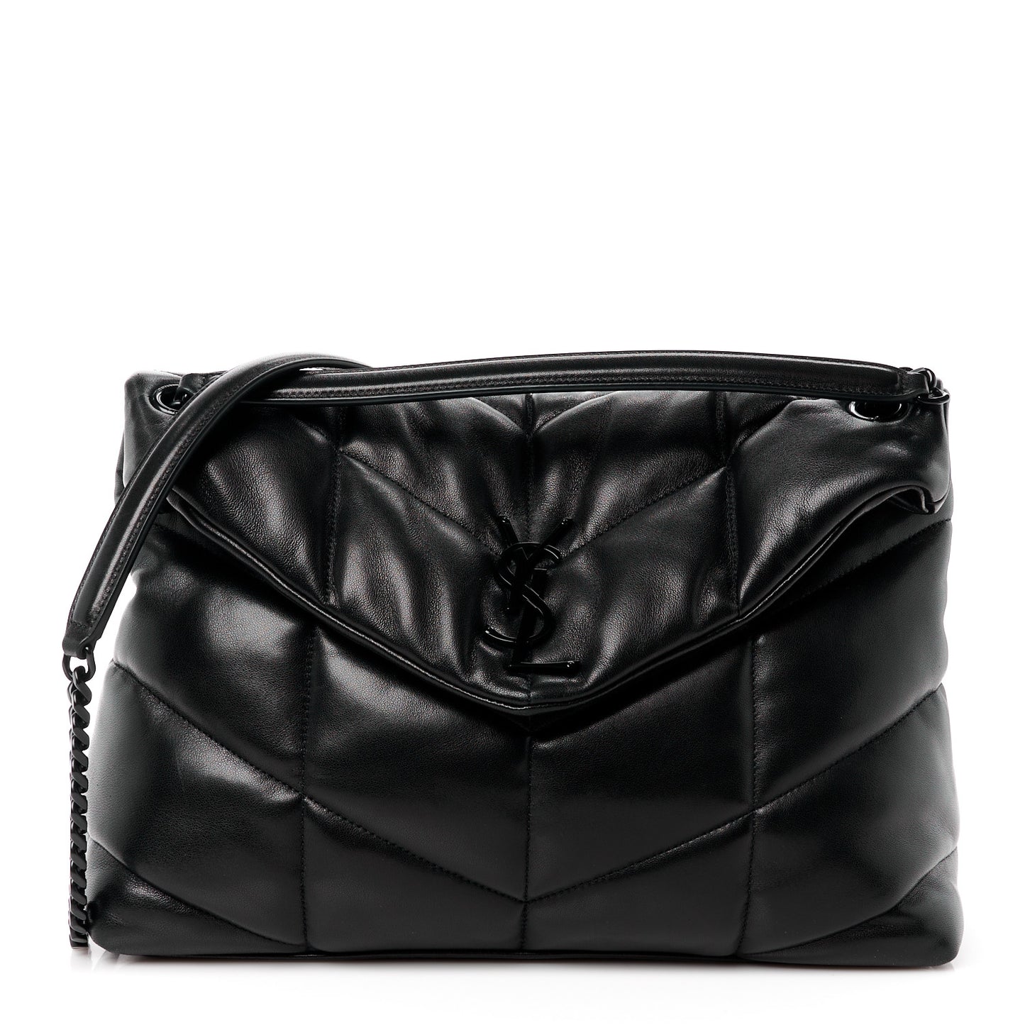 Lambskin Quilted Monogram Monochrome Medium Loulou Puffer Chain Satchel Black