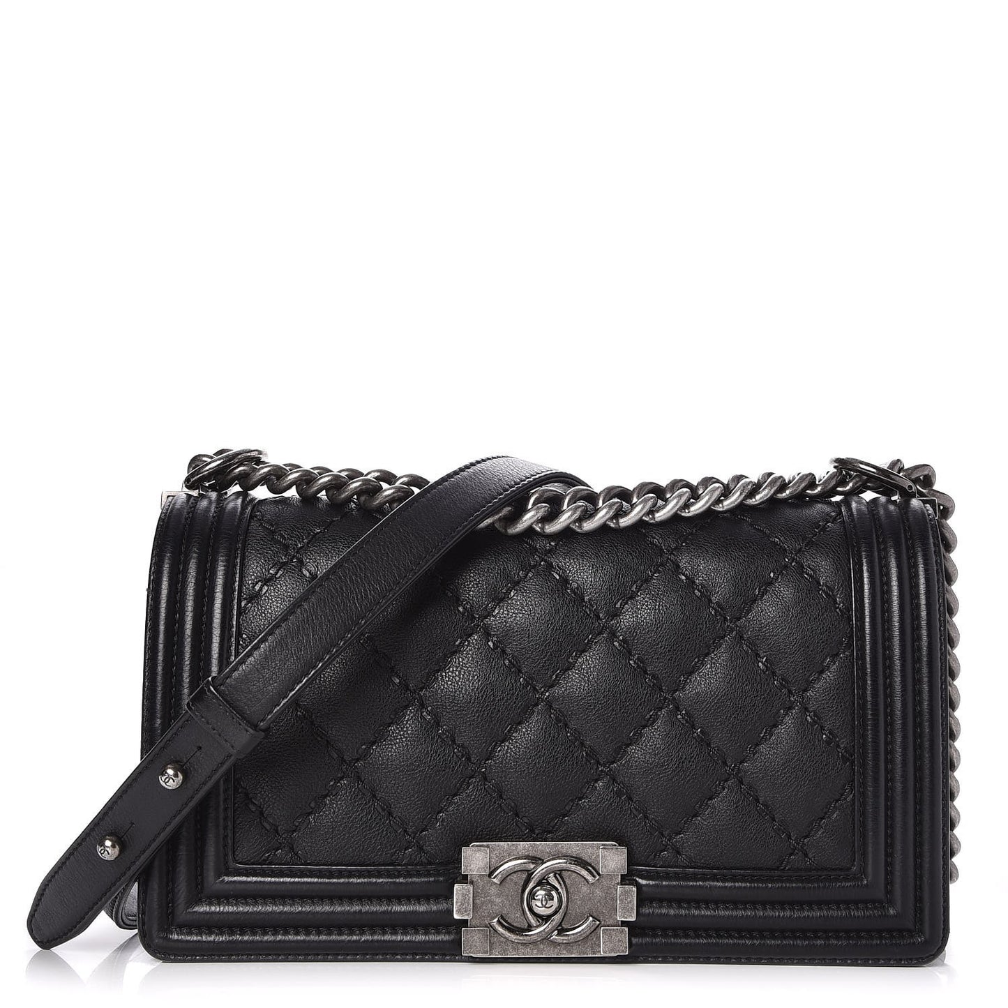 Calfskin Double Stitch Medium Boy Flap Black