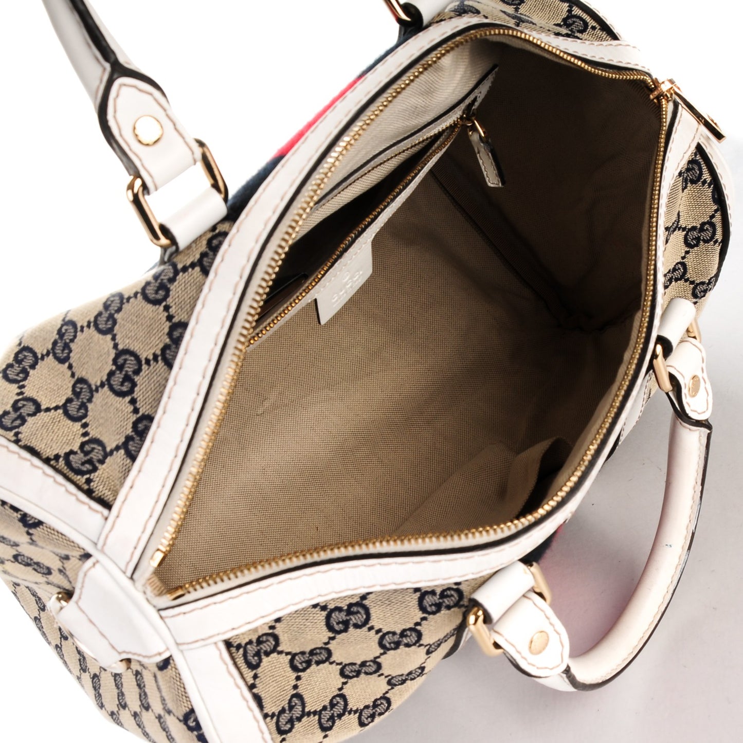 Monogram Selleria Calfskin Vintage Web Medium Boston Beige Blue Mystic White