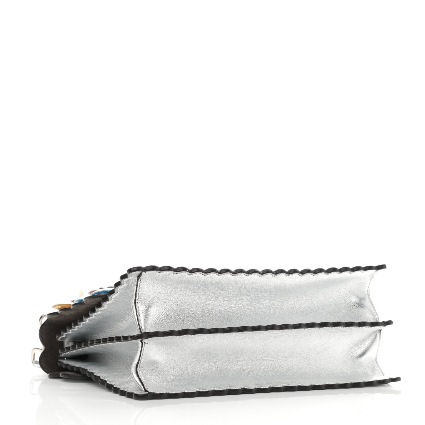 Metallic Calfskin Flowerland Scalloped Studded Pequin Kan I Shoulder Bag Argento
