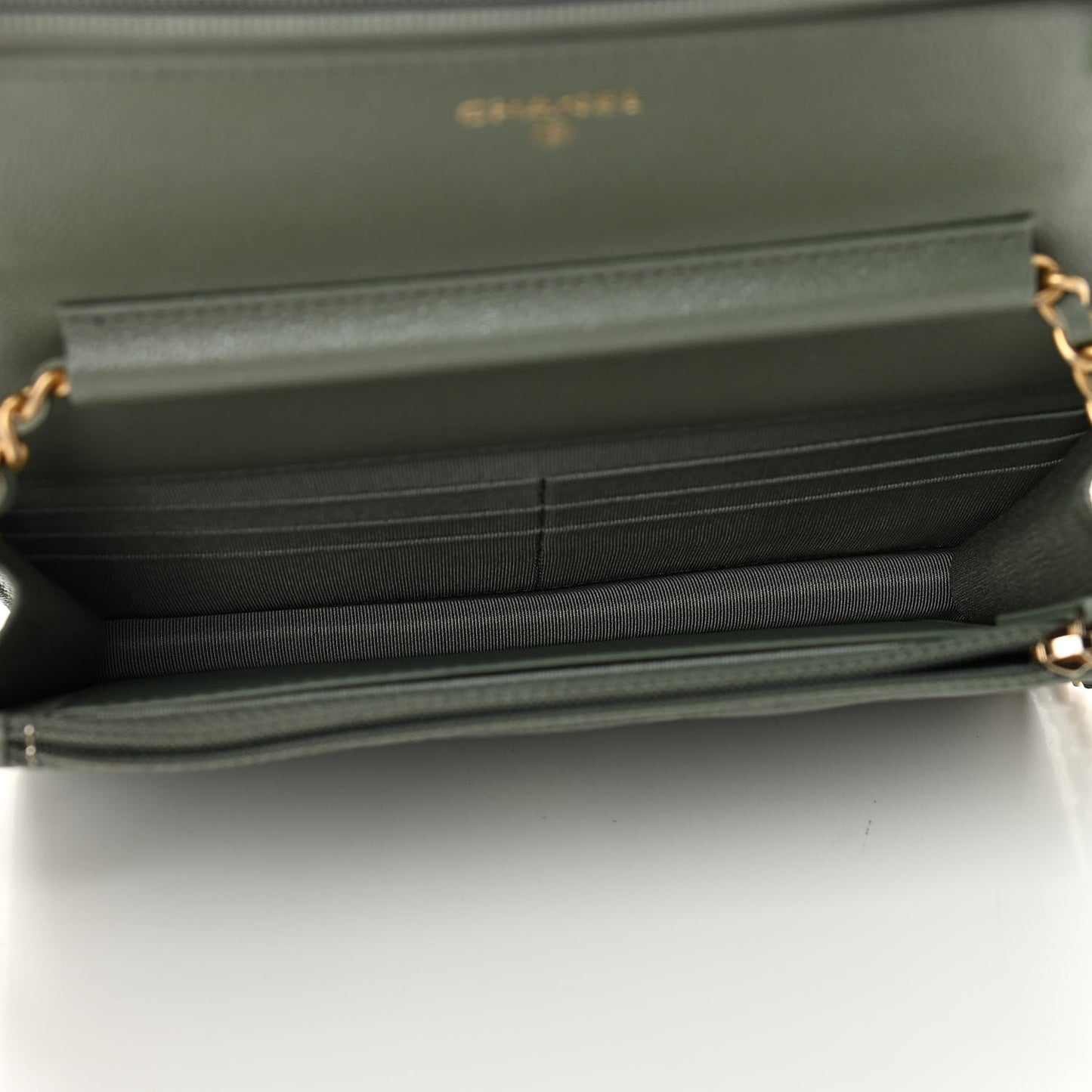 Iridescent Caviar Quilted Wallet On Chain WOC Green