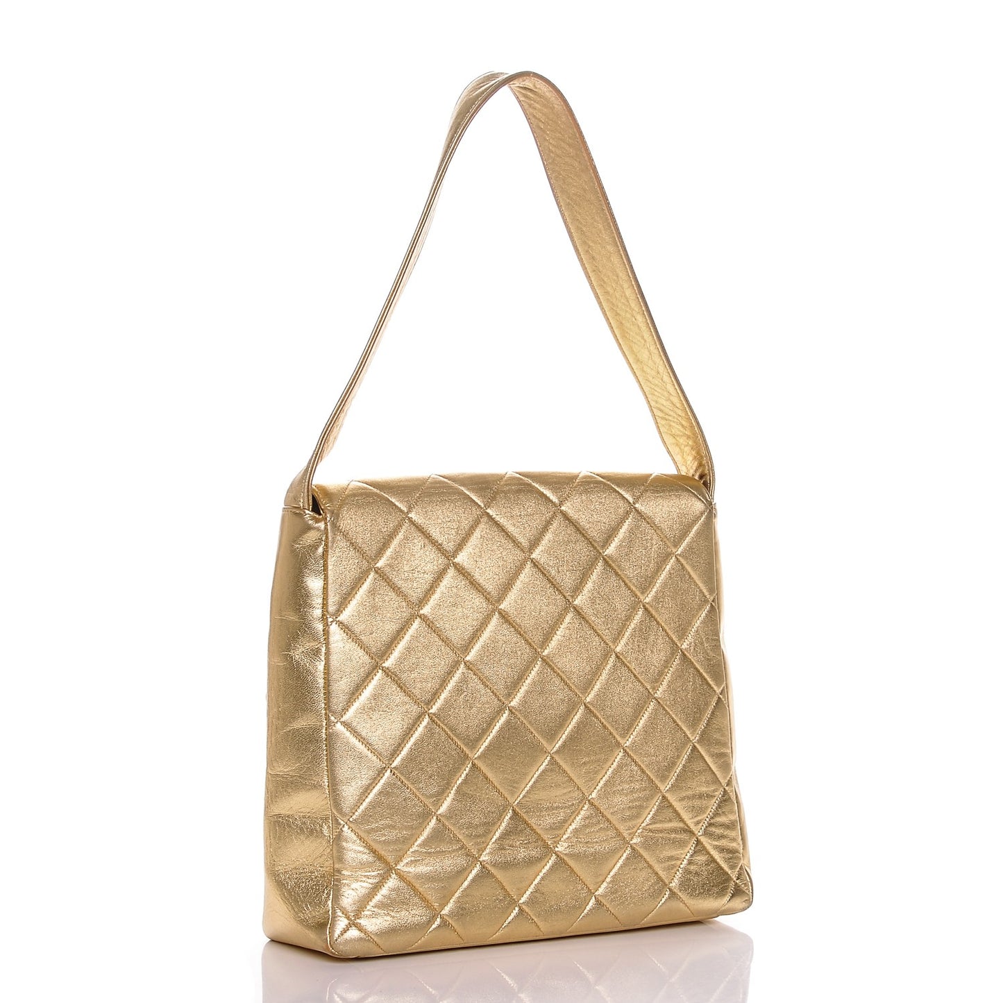 Metallic Lambskin Quilted Double Pocket Shoulder Bag Gold