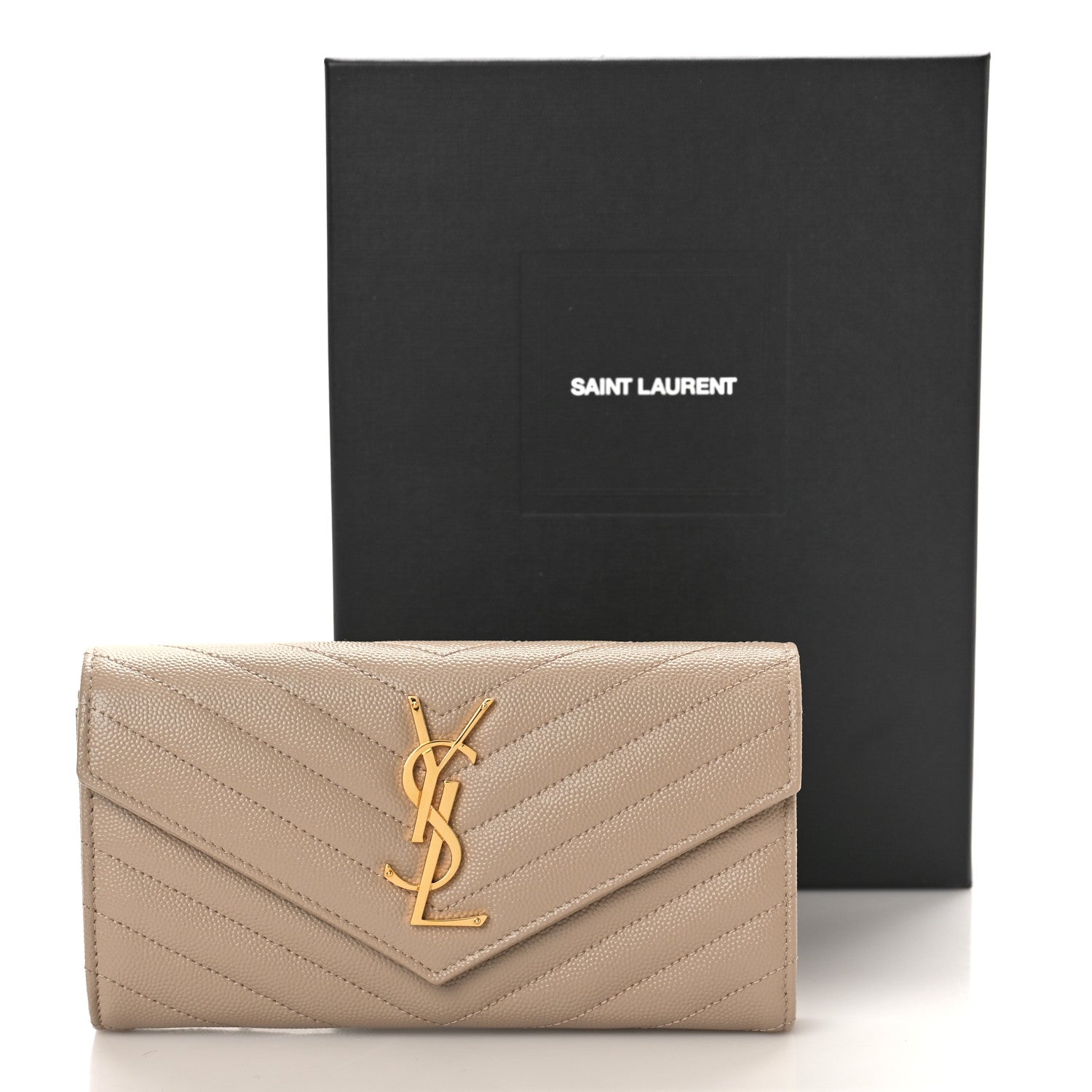 Saint Laurent Grain De Poudre Matelasse Chevron Monogram Flap Wallet Dark Beige 9 of 9