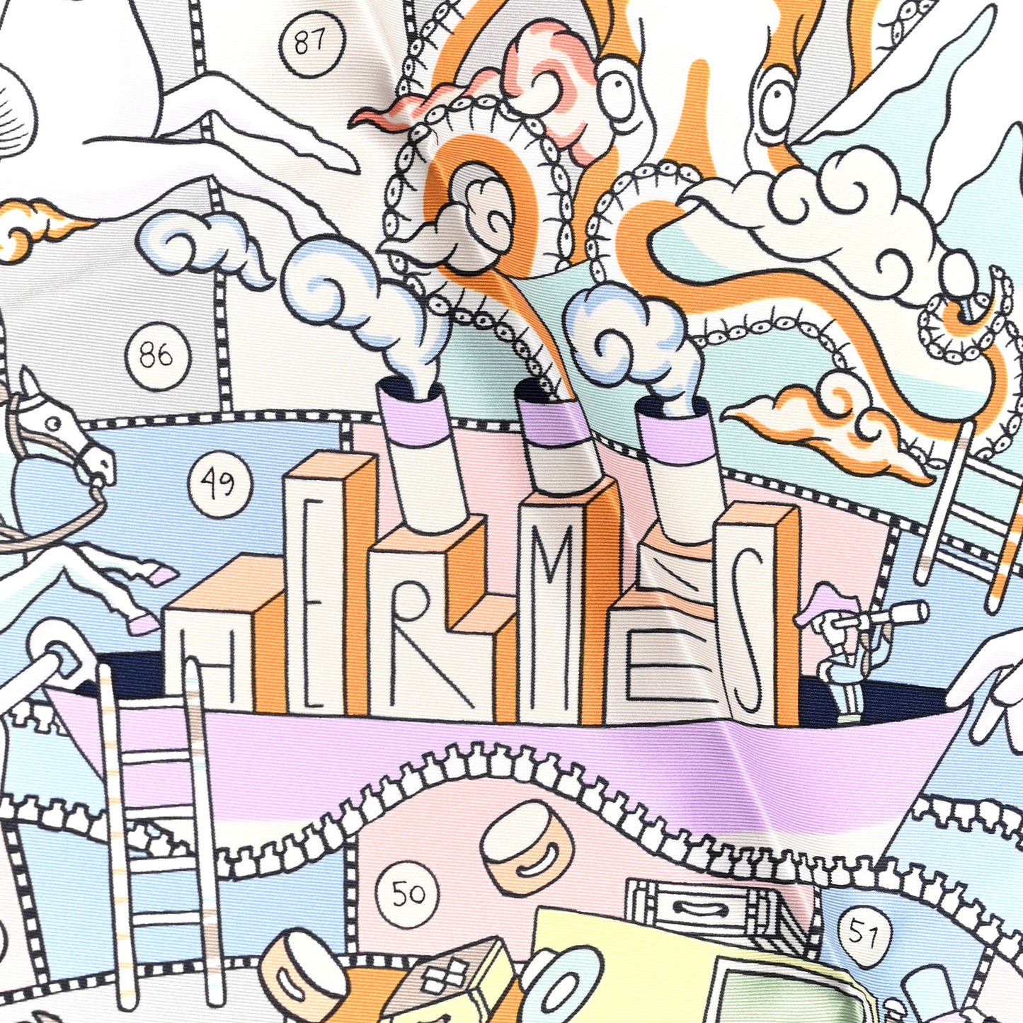 Silk L'Epopee D' Hermes Detail Scarf 70 Marine Fonce Saumon
