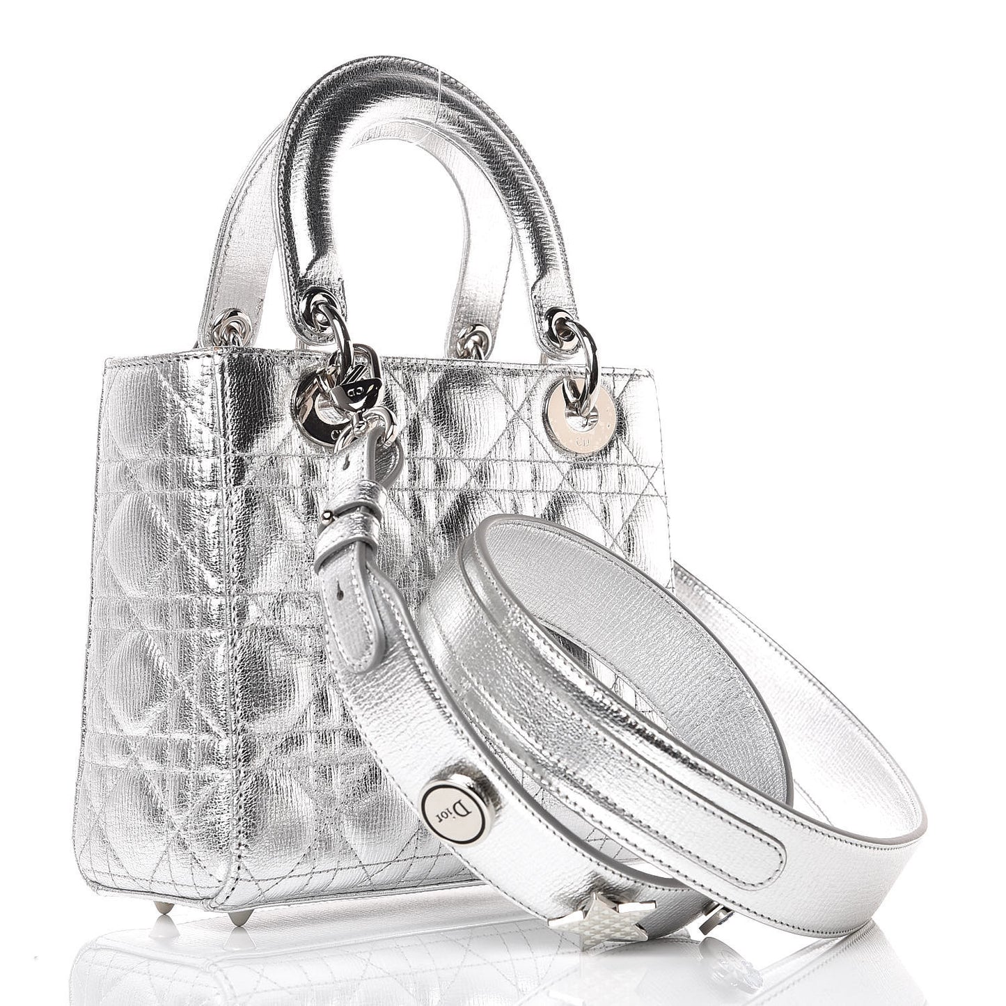 Metallic Grained Calfskin Cannage Small Lucky Badges My Lady Dior Silver