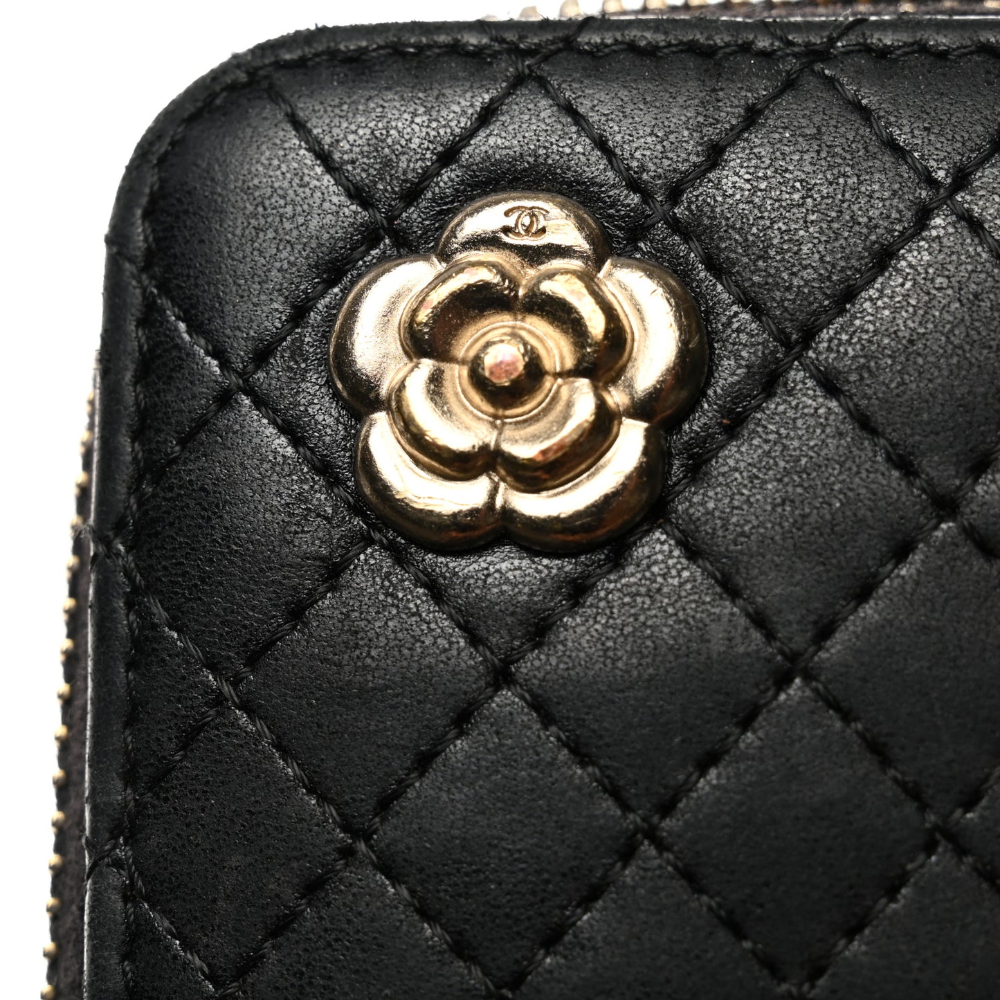 Lambskin Quilted Camellia Zip Around Organizer Wallet Black