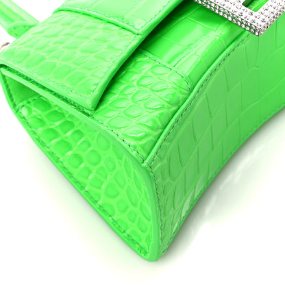 Balenciaga Shiny Calfskin Strass Crocodile Embossed Hourglass Top Handle Bag XS Fluo Green 9 of 10
