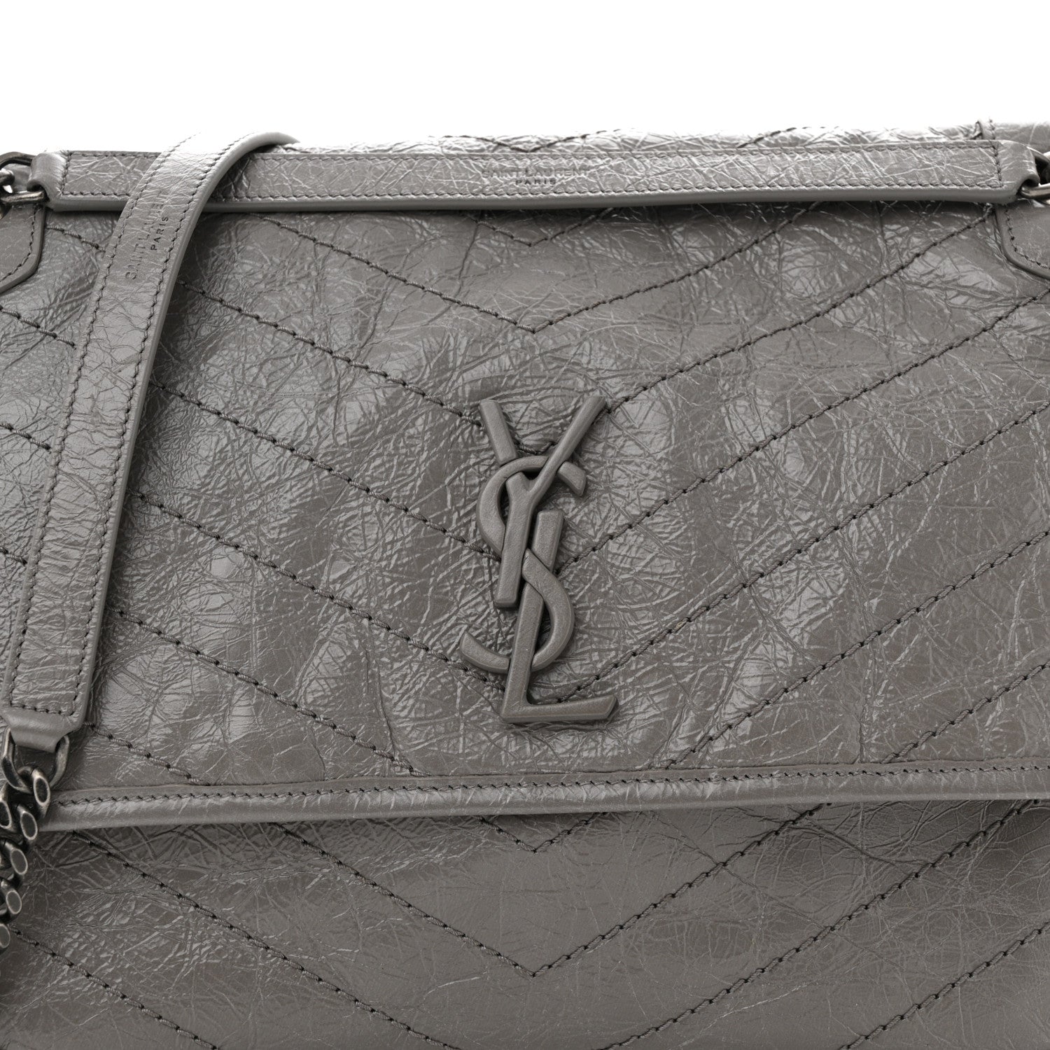 Saint Laurent Crinkled Calfskin Matelasse Monogram Large Niki Chain Satchel Fog 8 of 11