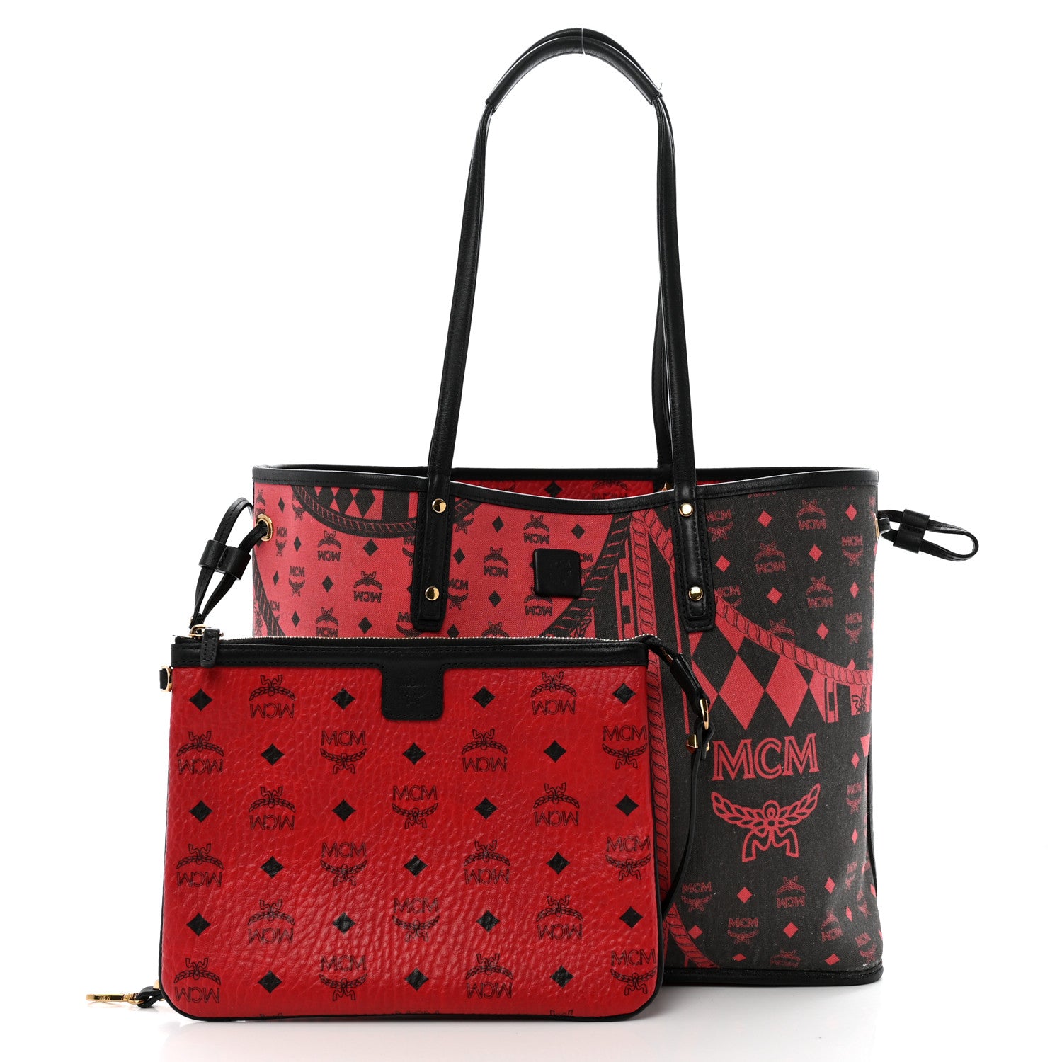 MCM Visetos Medium Project Reversible Shopper Tote Ruby Red Black 5 of 19