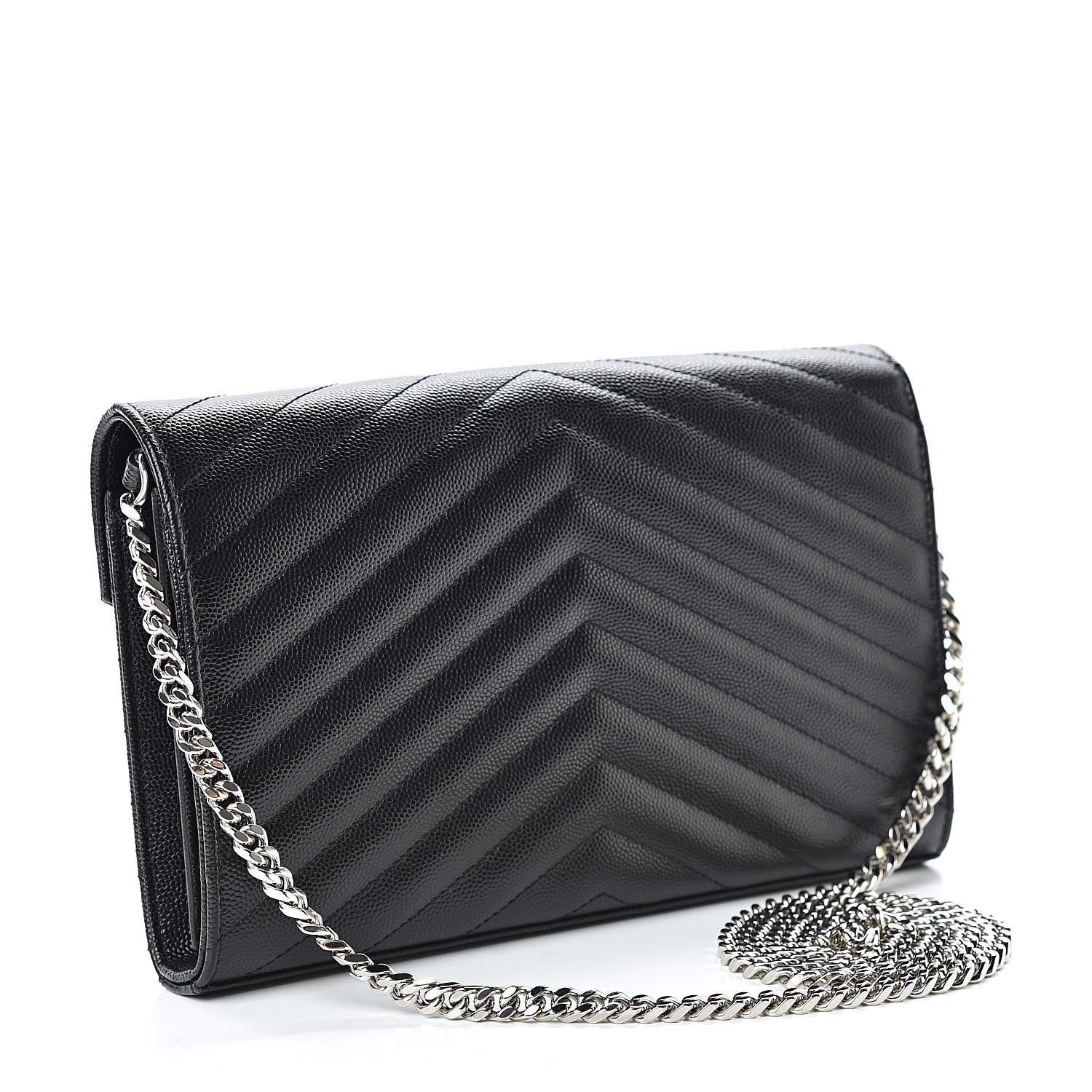 Saint Laurent Grain De Poudre Matelasse Chevron Monogram Chain Wallet Black 3 of 13