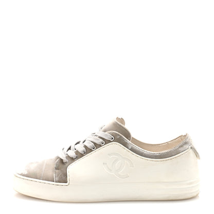 Chanel Calfskin Velvet Womens CC Sneakers 39.5 White Silver 1 of 10