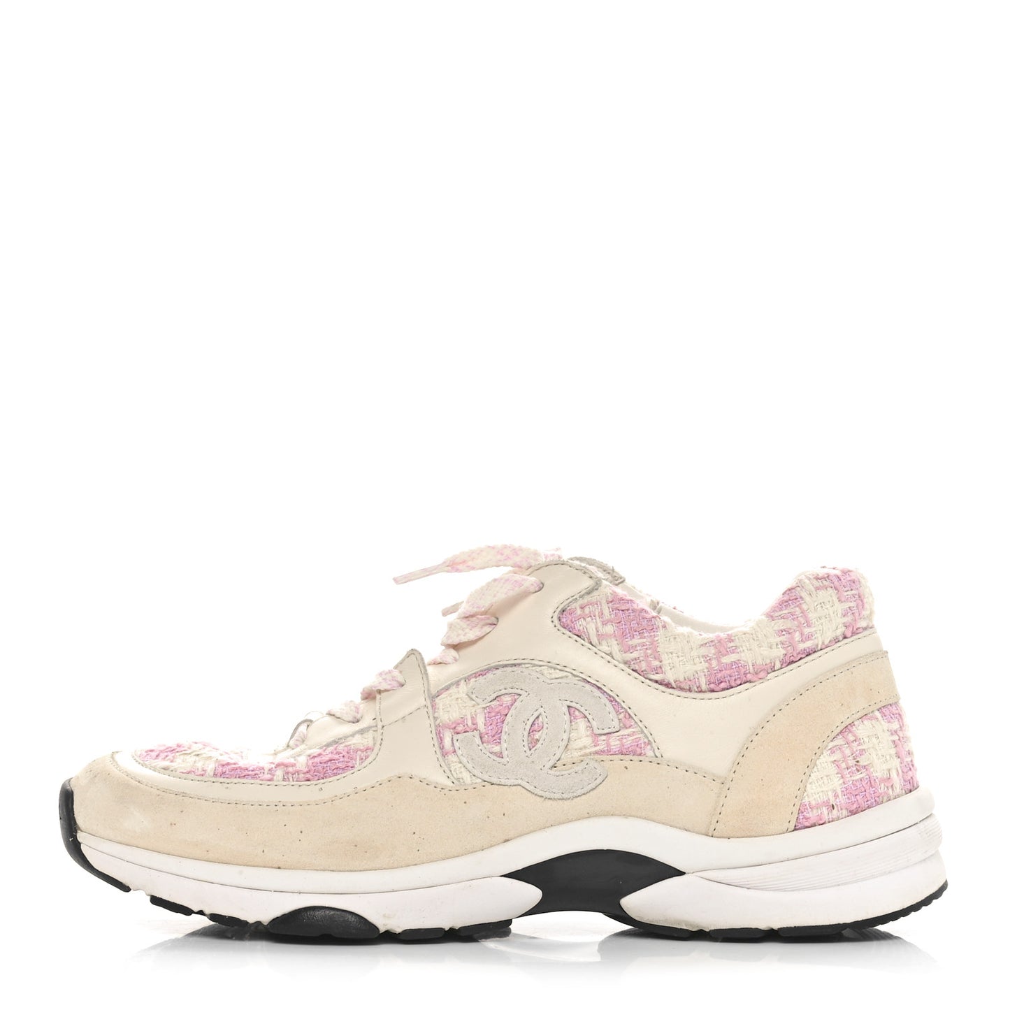 Tweed Suede Calfskin Womens CC Sneakers 38.5 Pink Ecru