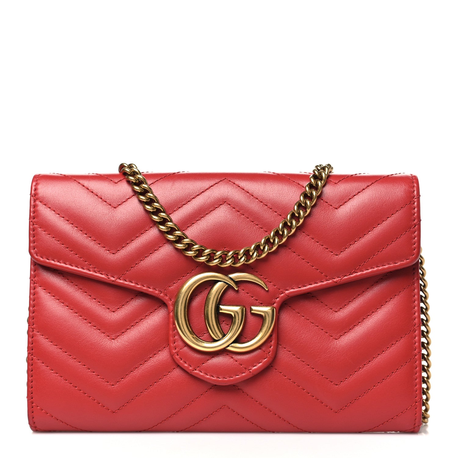 Gucci Calfskin Matelasse Mini GG Marmont Chain Wallet Hibiscus Red 1 of 10