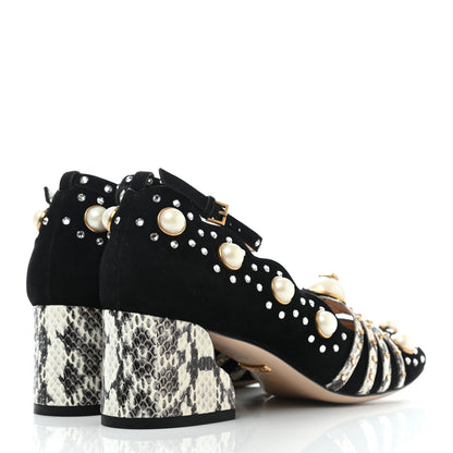 Gucci Suede Snakeskin Pearl Studded Ofelia Pumps 36.5 Black 4 of 8