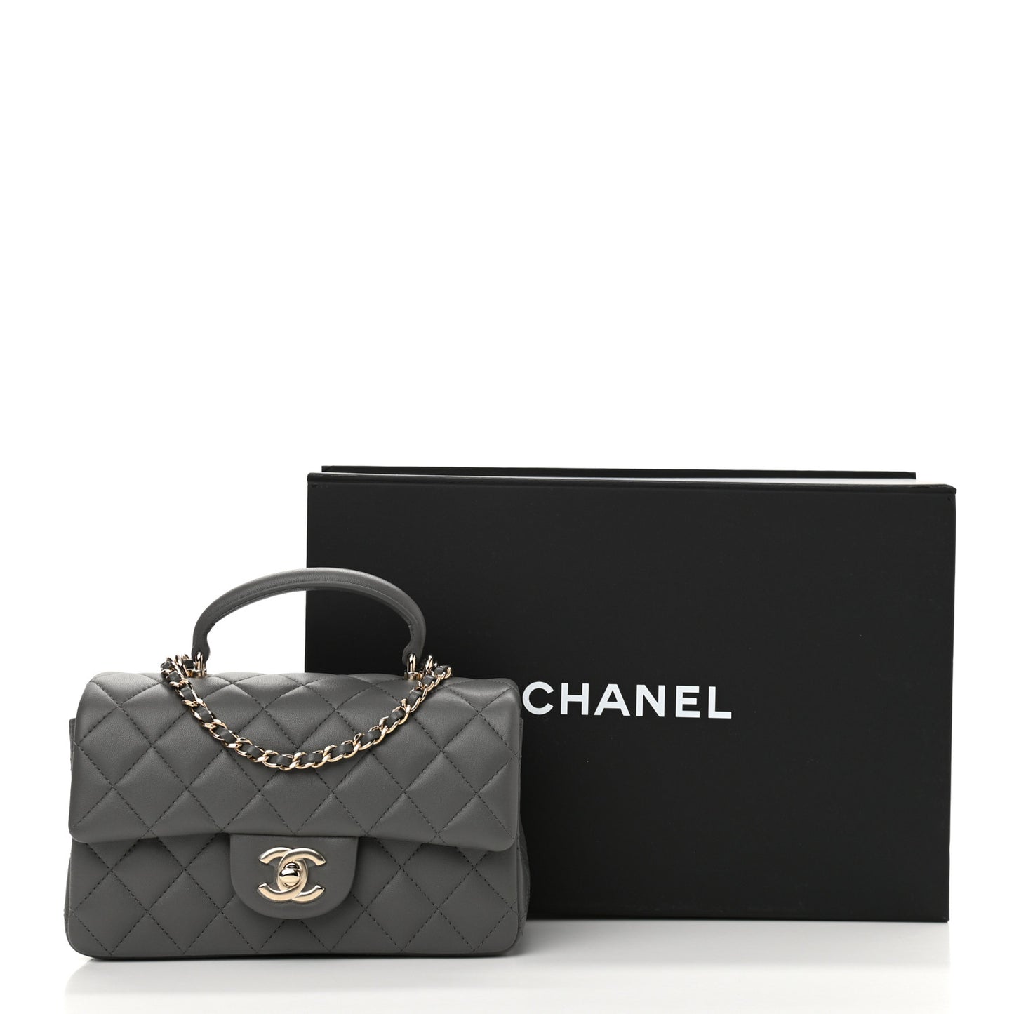 Lambskin Quilted Mini Top Handle Rectangular Flap Dark Grey