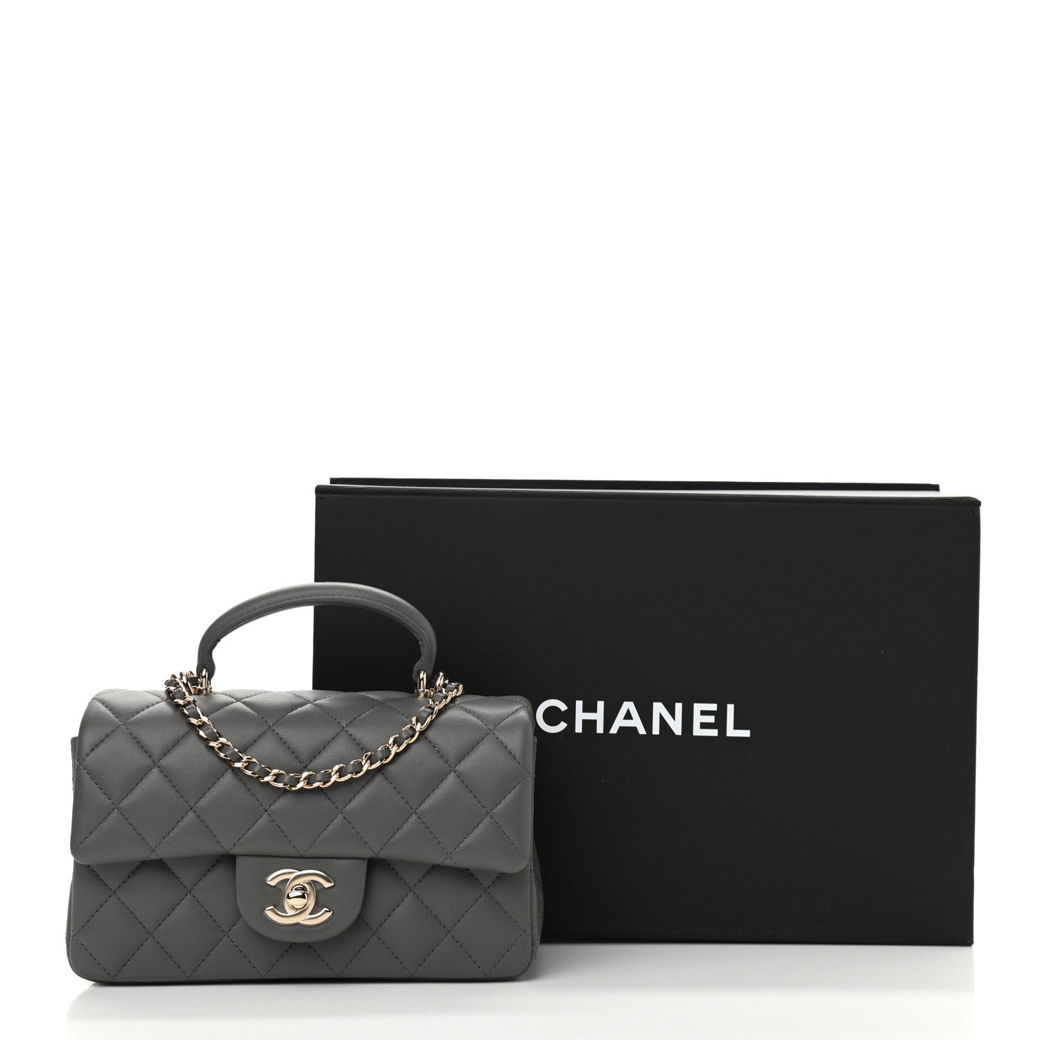 Chanel Lambskin Quilted Mini Top Handle Rectangular Flap Dark Grey 11 of 11