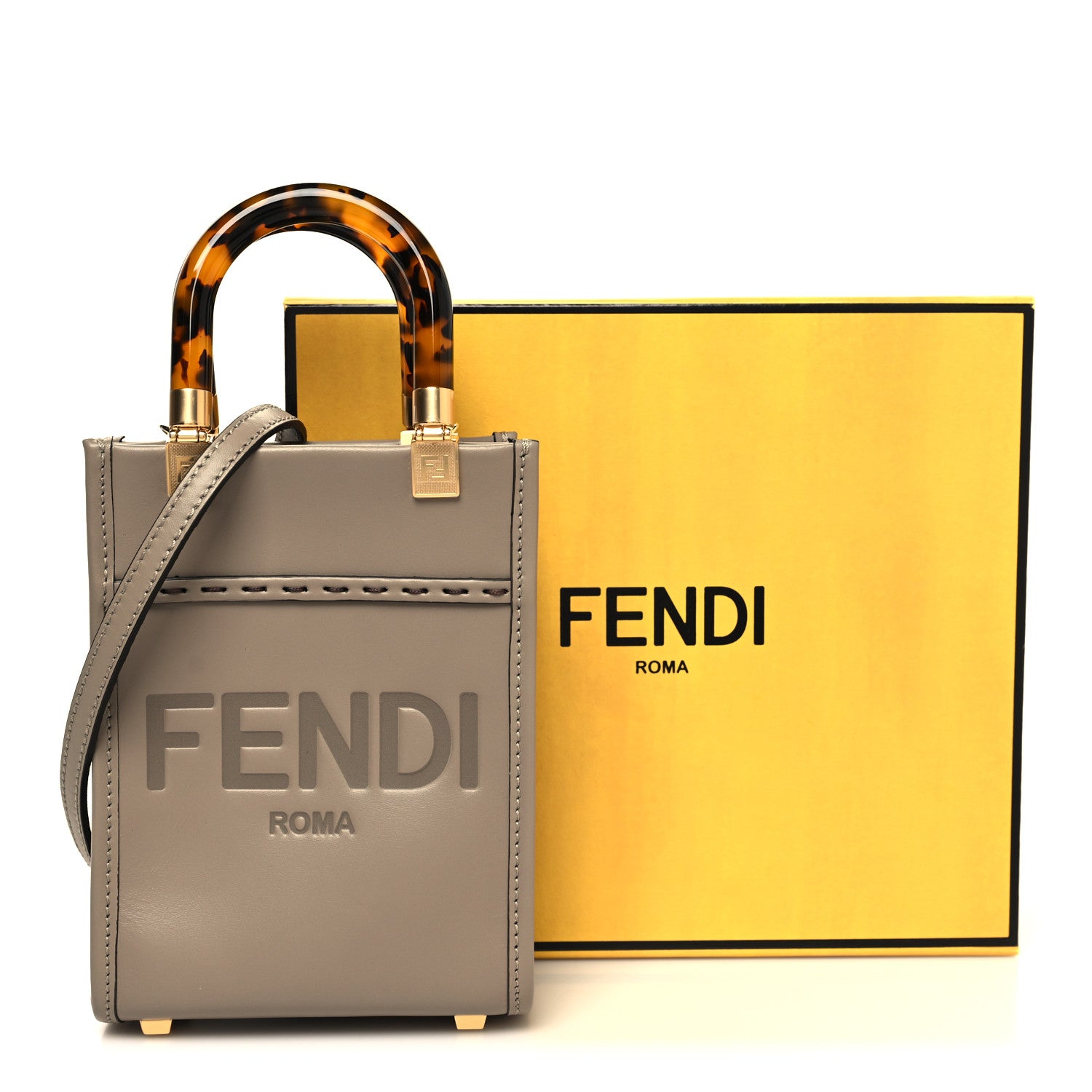 Fendi Vitello King Plexiglass Logo Embossed Mini Fendi Sunshine Shopper Tote Tortora 11 of 11