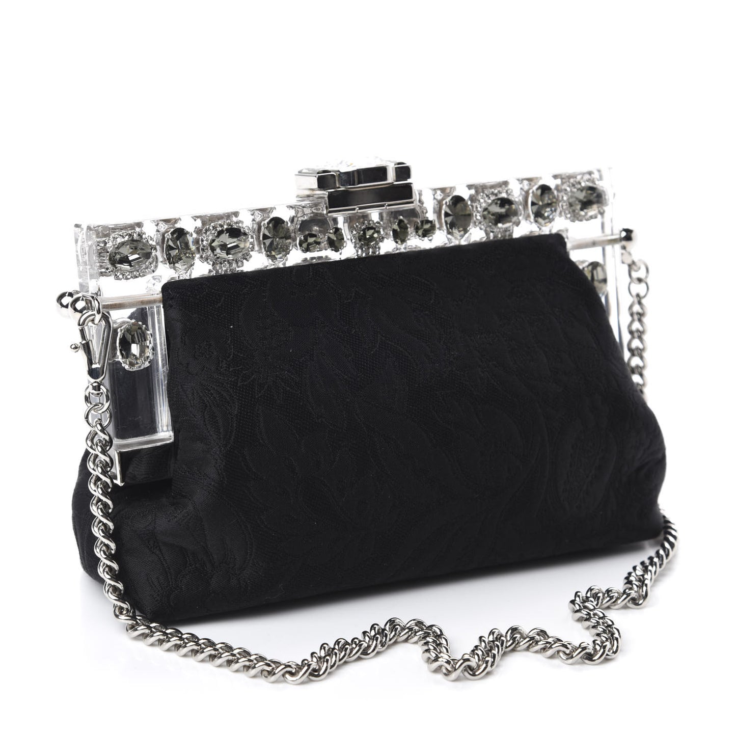 Satin Lace Crystal Embellished Plexis Glass Chain Clutch Black