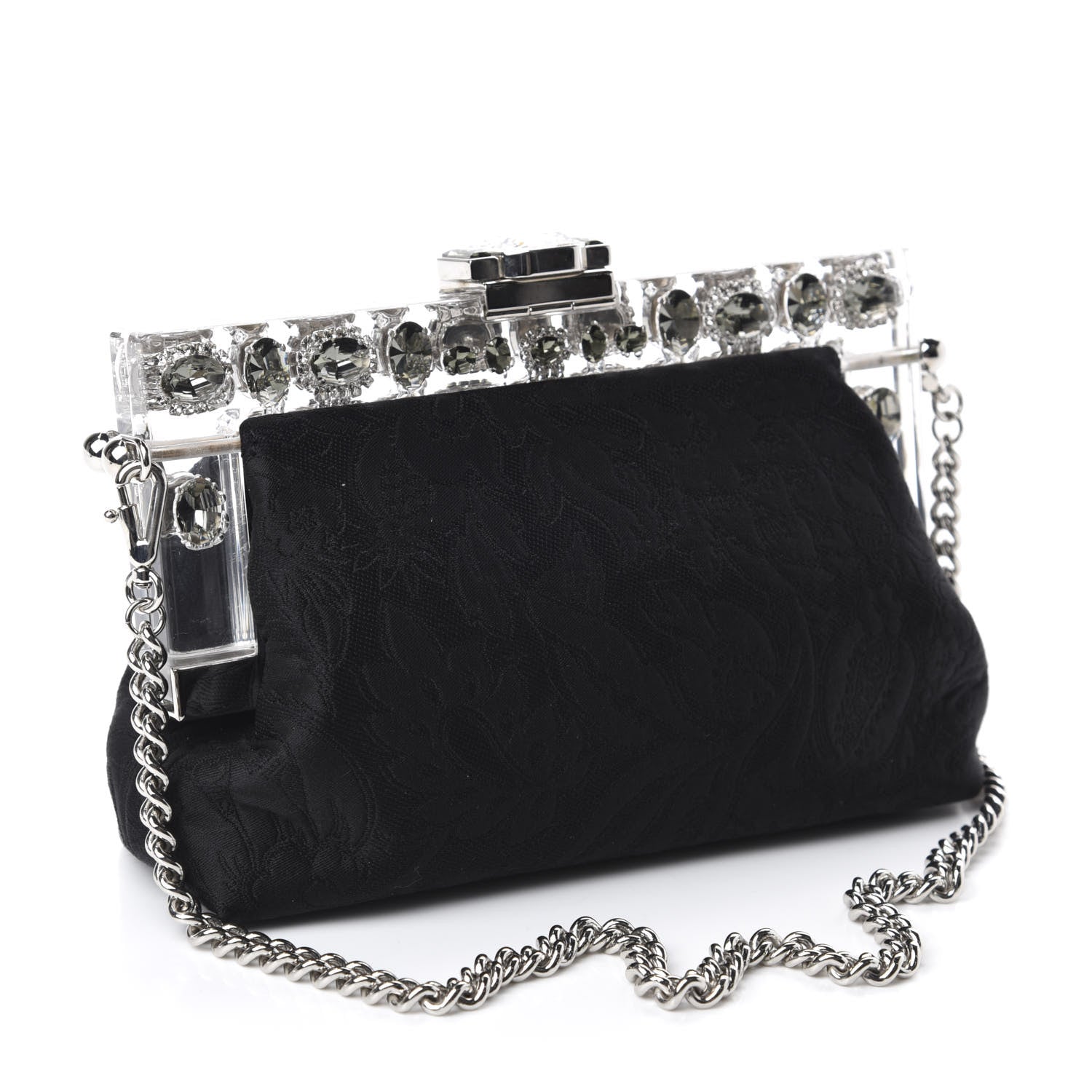 Dolce & Gabbana Satin Lace Crystal Embellished Plexis Glass Chain Clutch Black 3 of 9