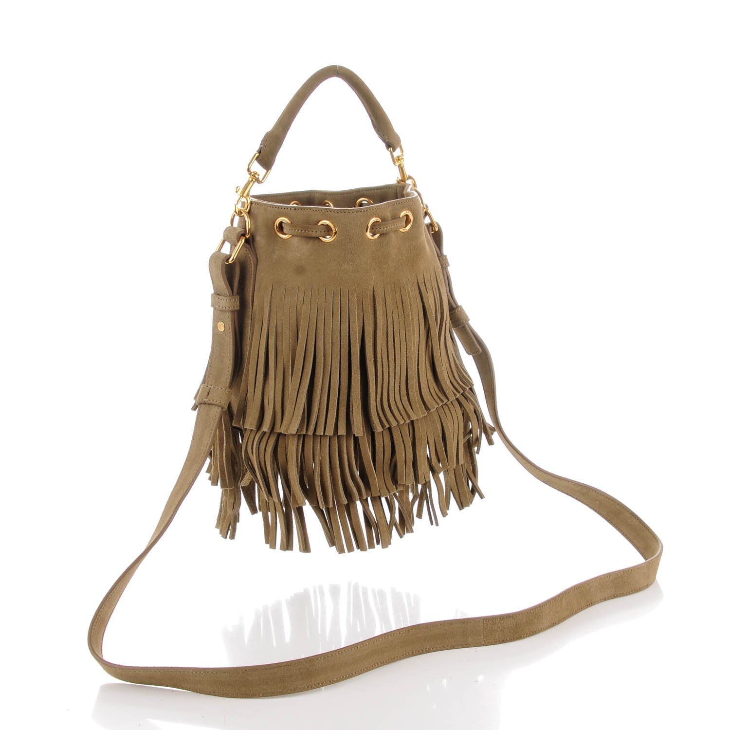 Saint Laurent Suede Calfskin Small Emmanuelle Fringe Bucket Bag Khaki 3 of 7