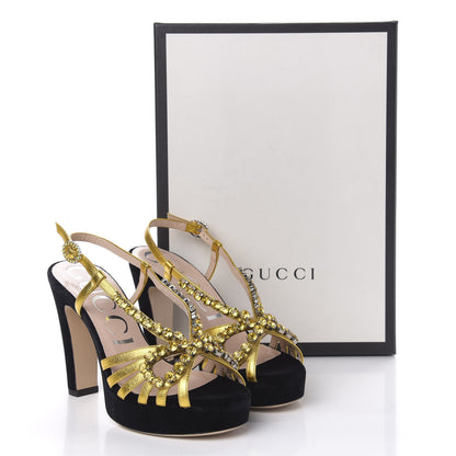 Gucci Velvet Nappa Crystal Zephyra Slingback Platform High Heel Sandals 36 Black Gold 9 of 9