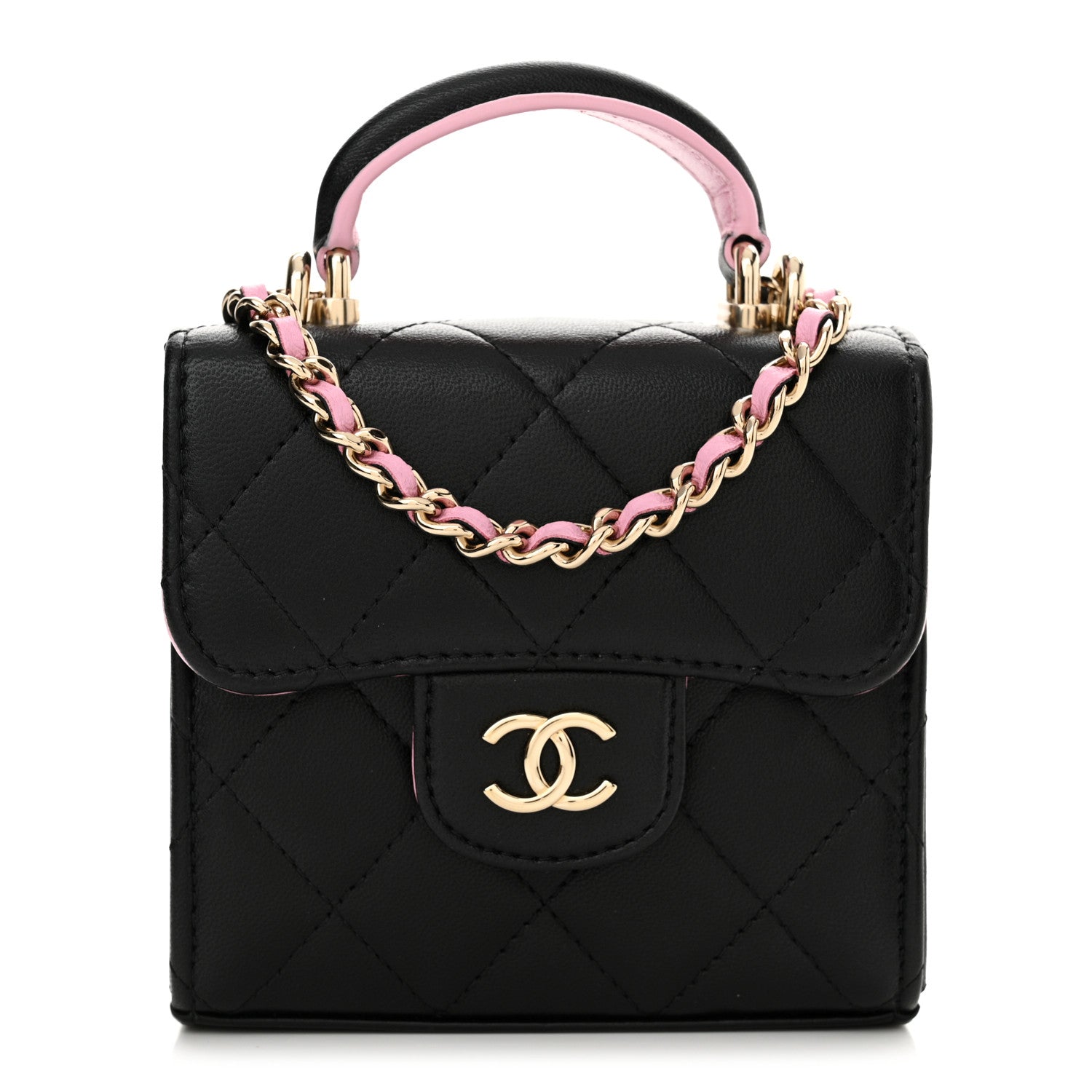 Chanel Lambskin Quilted Bi-Color Top Handle Clutch With Chain Black Pink 1 of 11