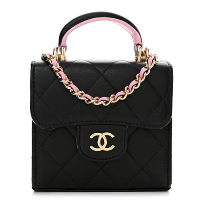 Chanel Lambskin Quilted Bi-Color Top Handle Clutch With Chain Black Pink 1 of 11