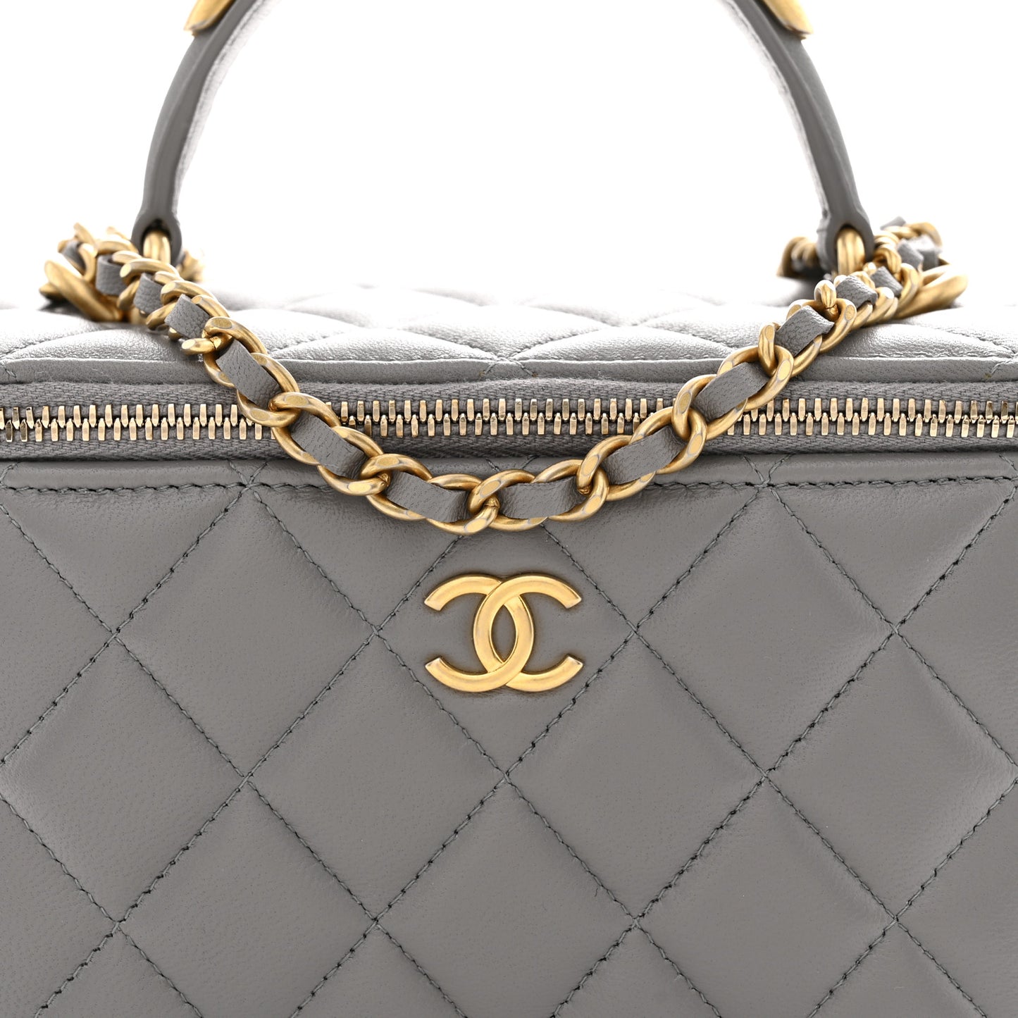 Lambskin Quilted Metal Small Top Handle Vanity Case With Chain Grey